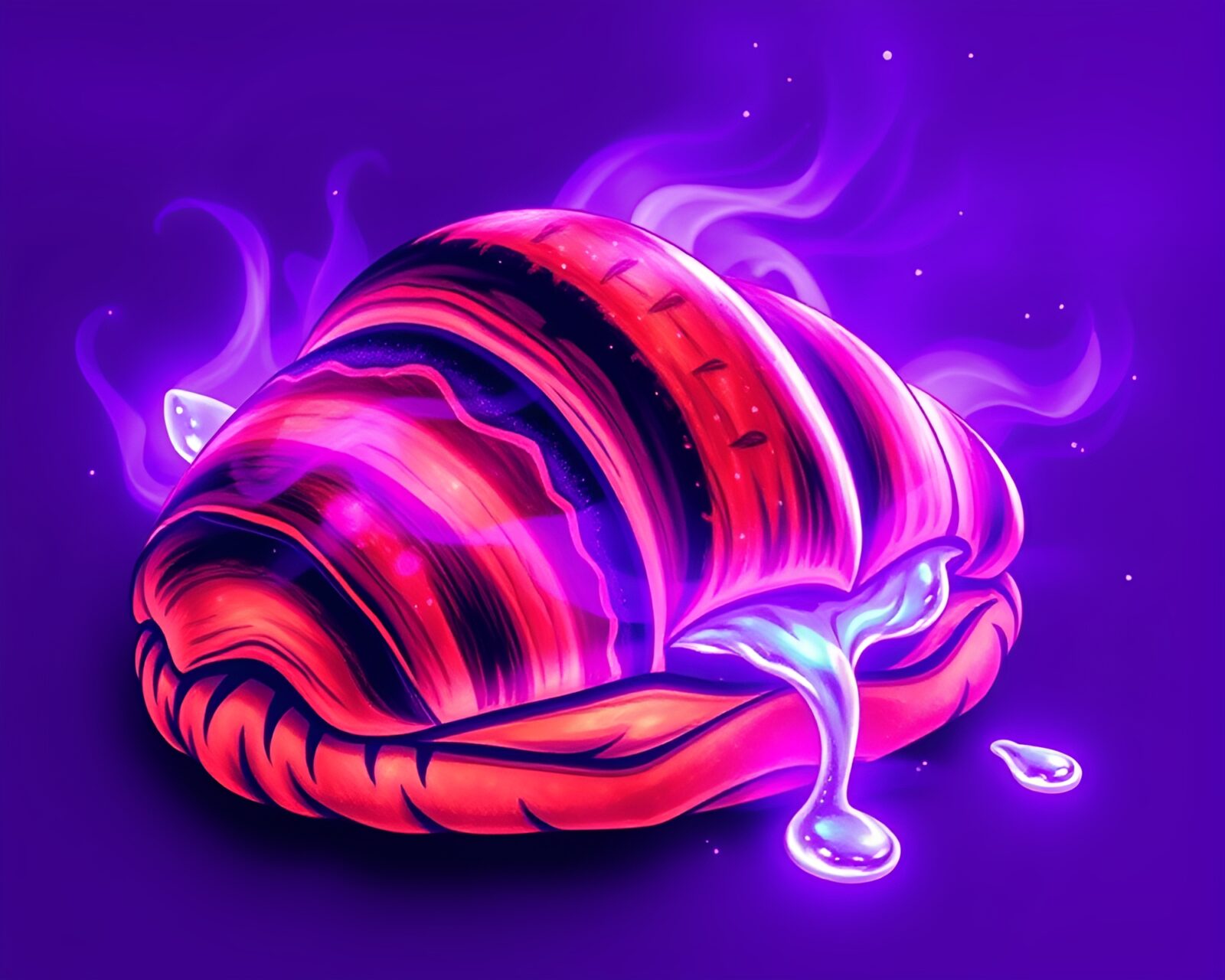 A tattoo flash style image of a glowing croissant in ultraviolet fog
