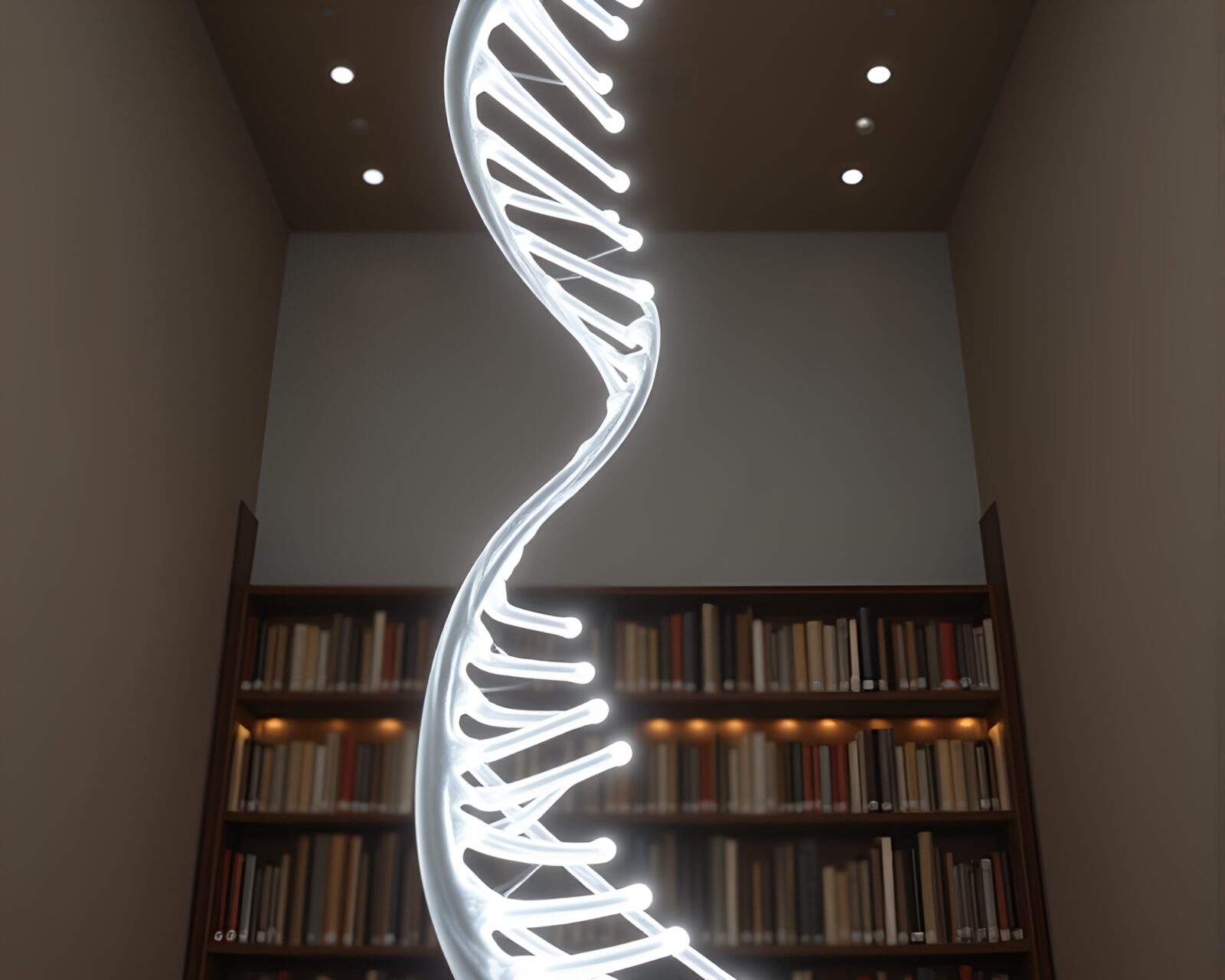 DNA helix coiled in Fibonacci spiral under warm library light
