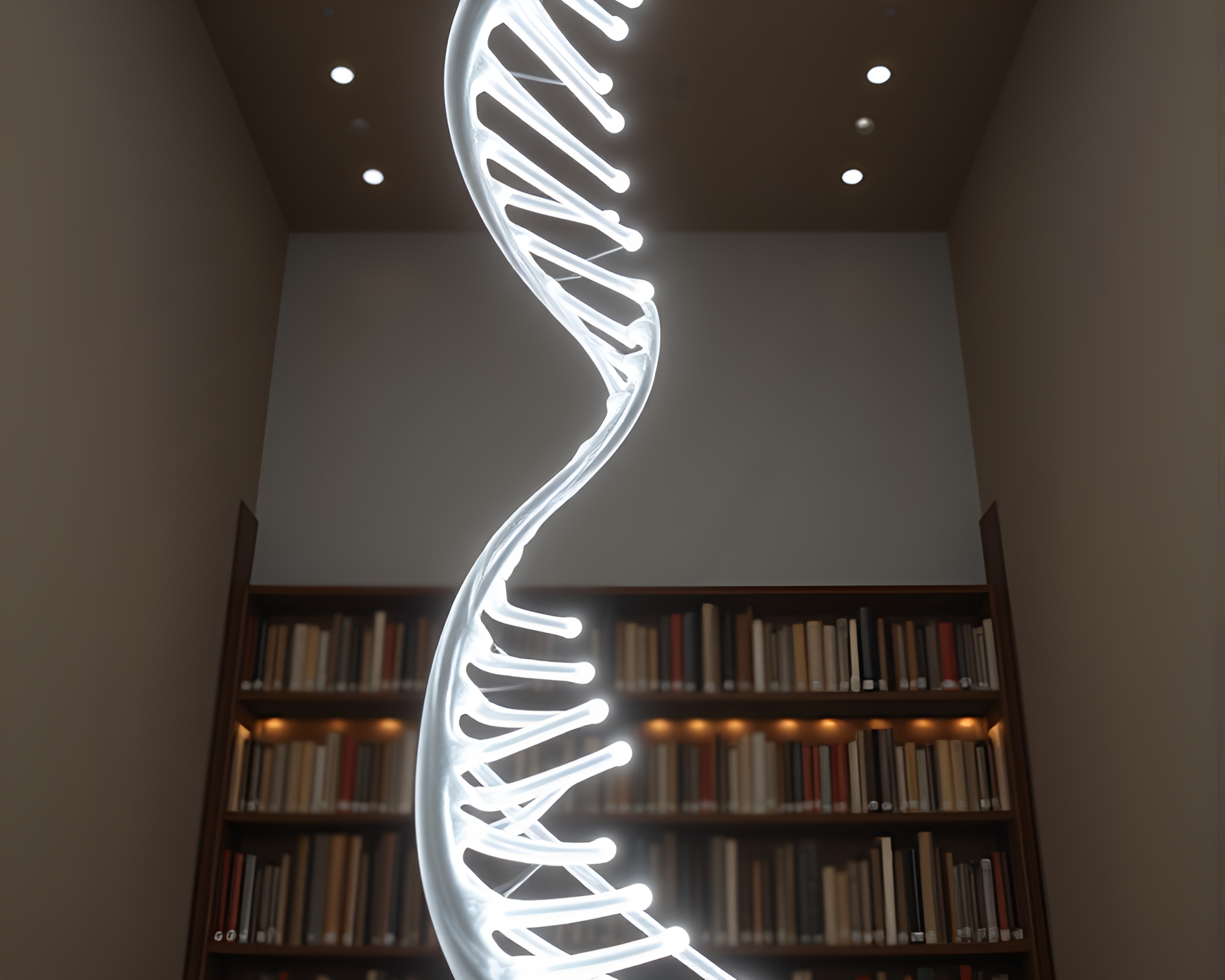 Skeuomorphic DNA Helix in Fibonacci Spiral Library Lamp Light – free AI stock image