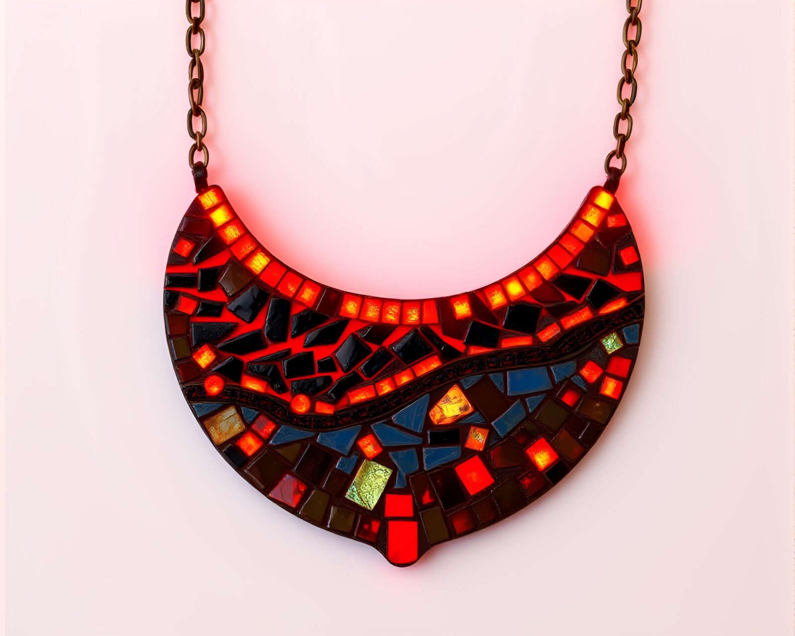 Colorful tiled mosaic of a volcano-red necklace glowing