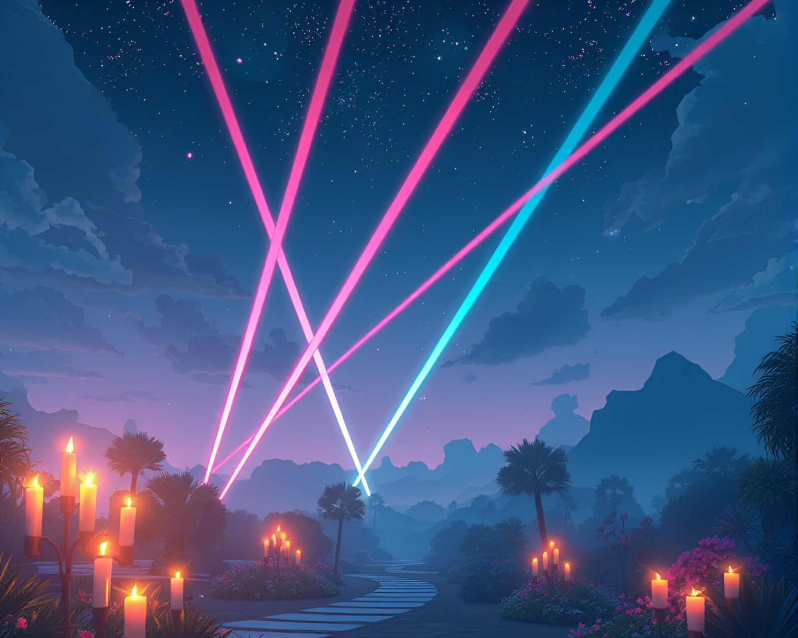 Fantastical sky garden with candlelit ambiance and laser beams