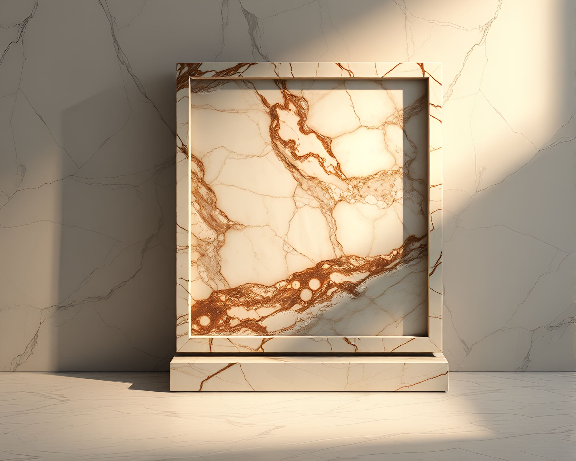 Marble sculpture framed by natural elements, painted in palette knife style – free AI stock image