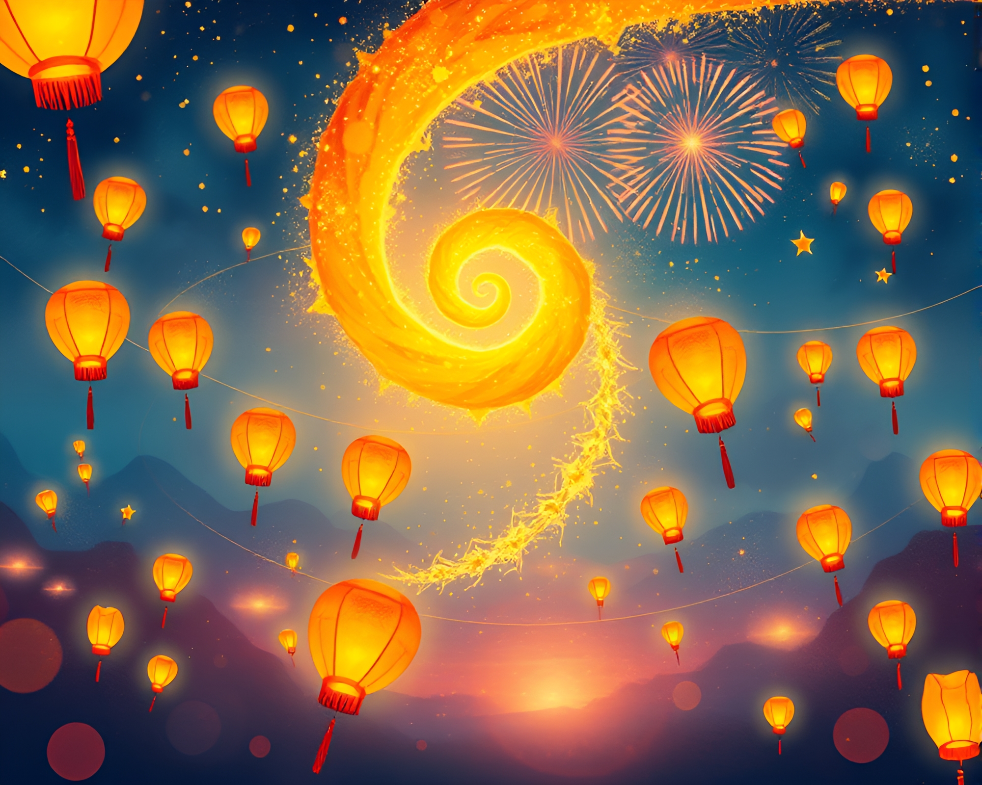 Golden Spiral Floating Lantern Festival Illustration – free AI stock image