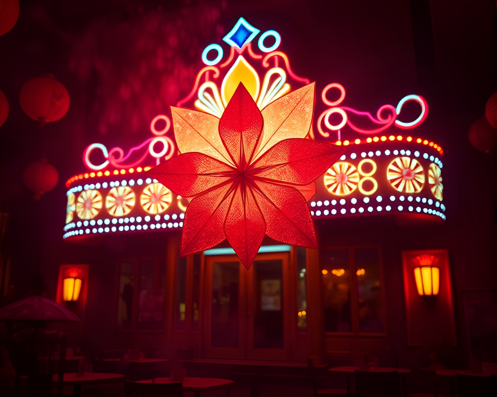 Neon Lit Origami Flower in Opera House Dust Overlay – free AI stock image
