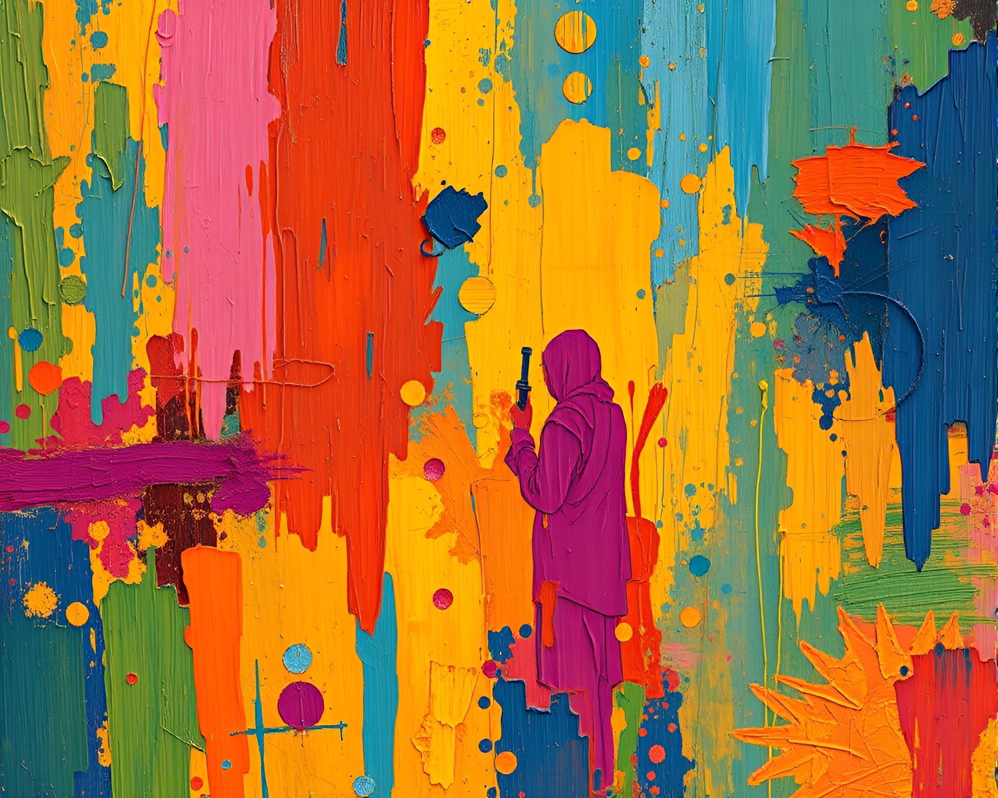 Hyper-Saturated Rickshaw Ride Through Gouache Cityscape – free AI stock image