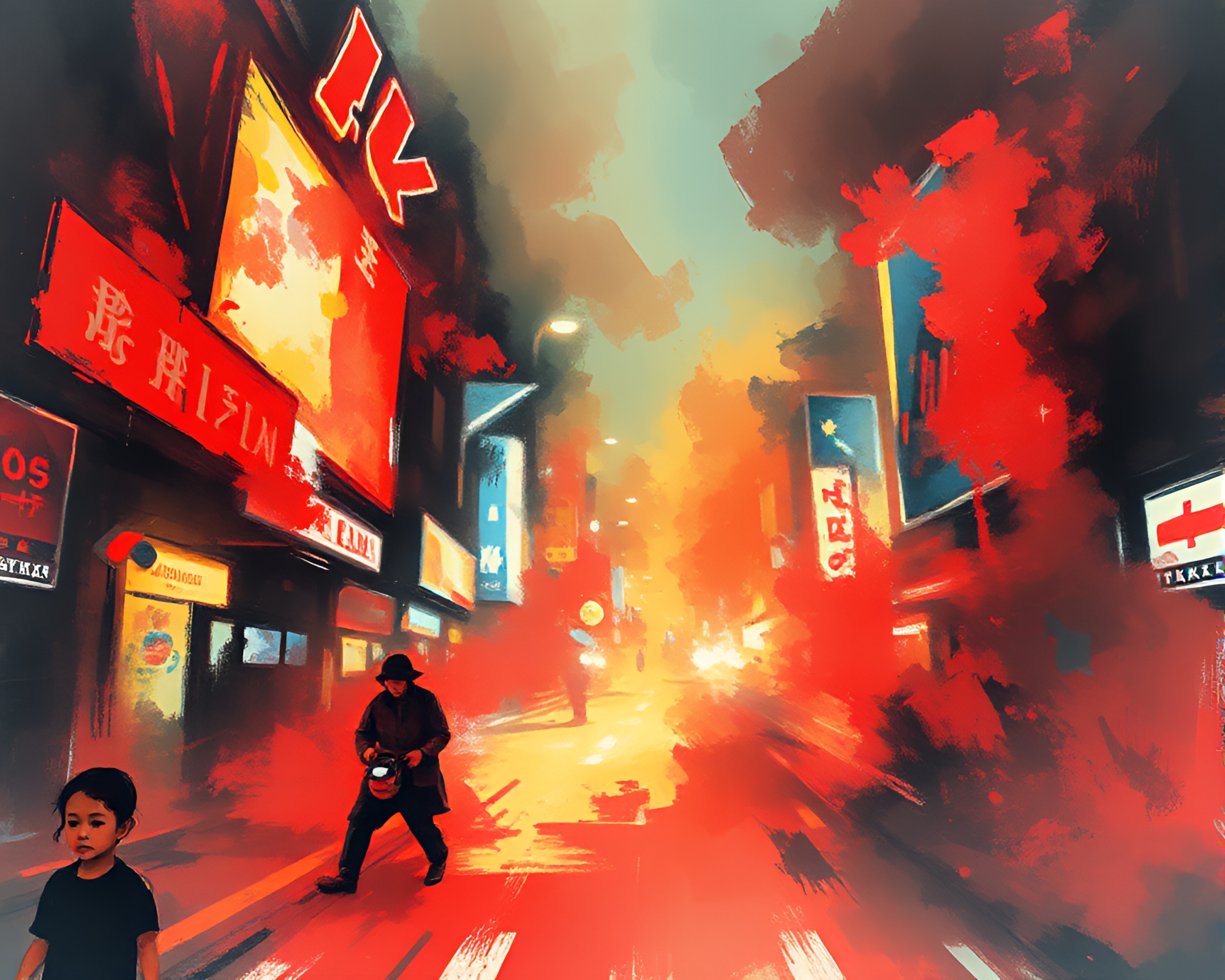 Hyper-saturated Jetpack Adventure with Sumi-e Brushwork – free AI stock image