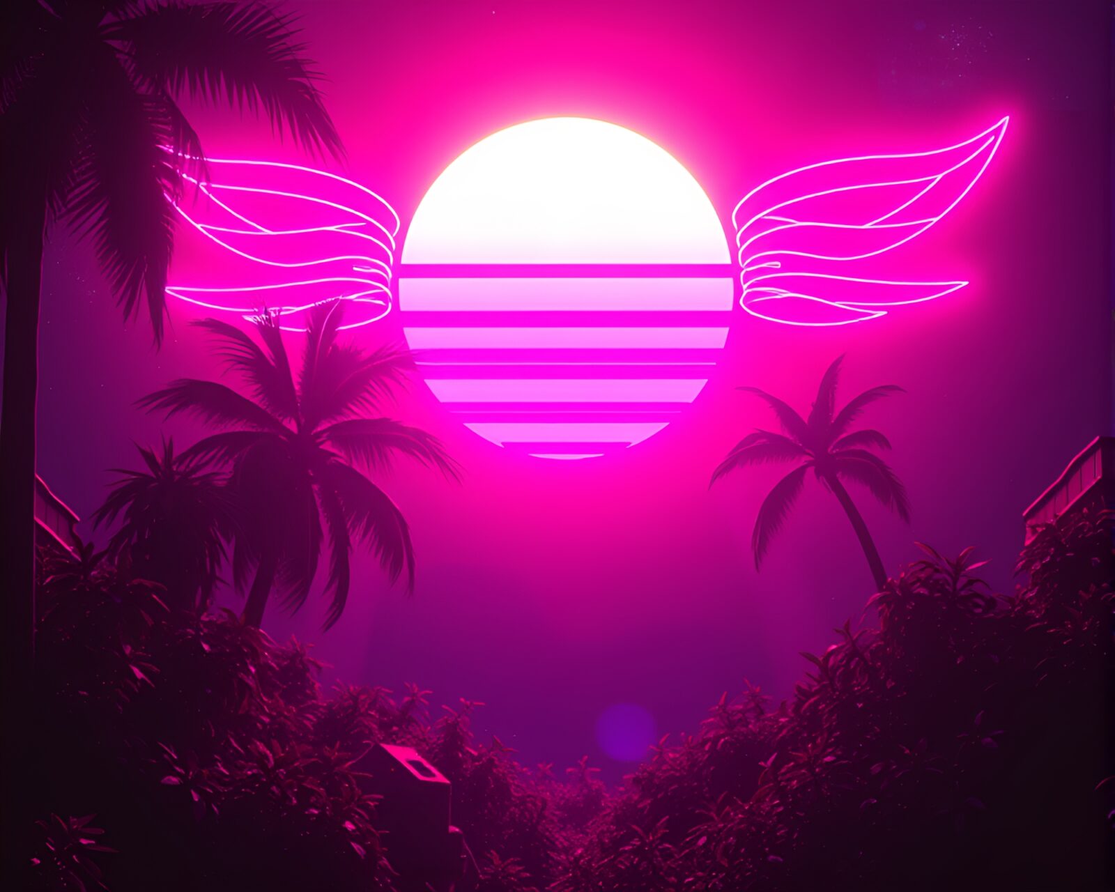 Fairy with neon lights in bright retro sunset
