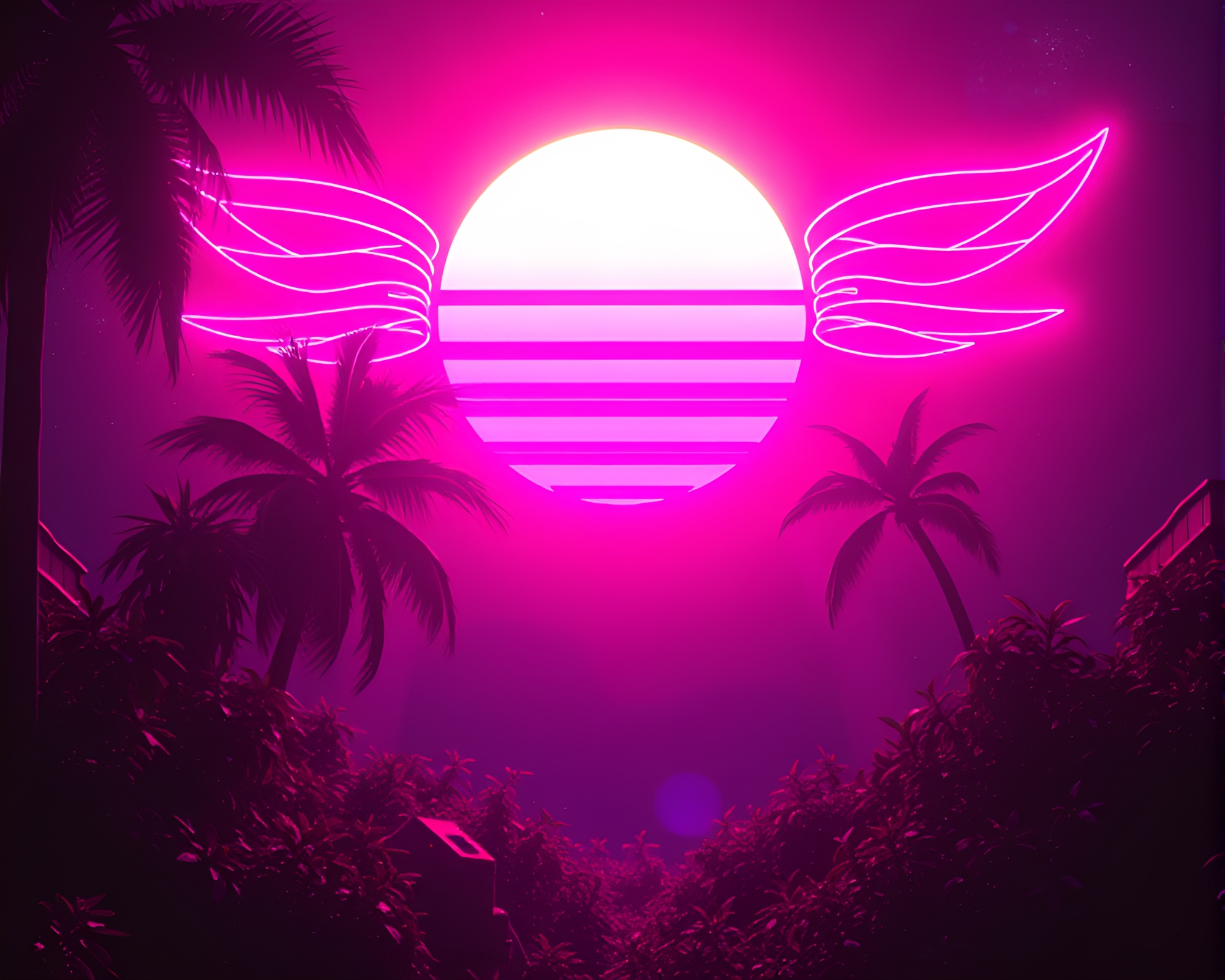 Glowing Fairy in Retrowave Sun Glare – free AI stock image