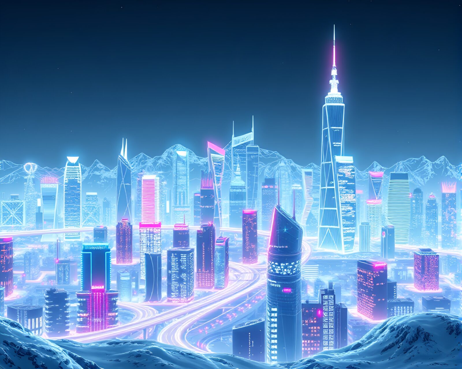 Neon wireframe structures glowing in eerie whiteout conditions