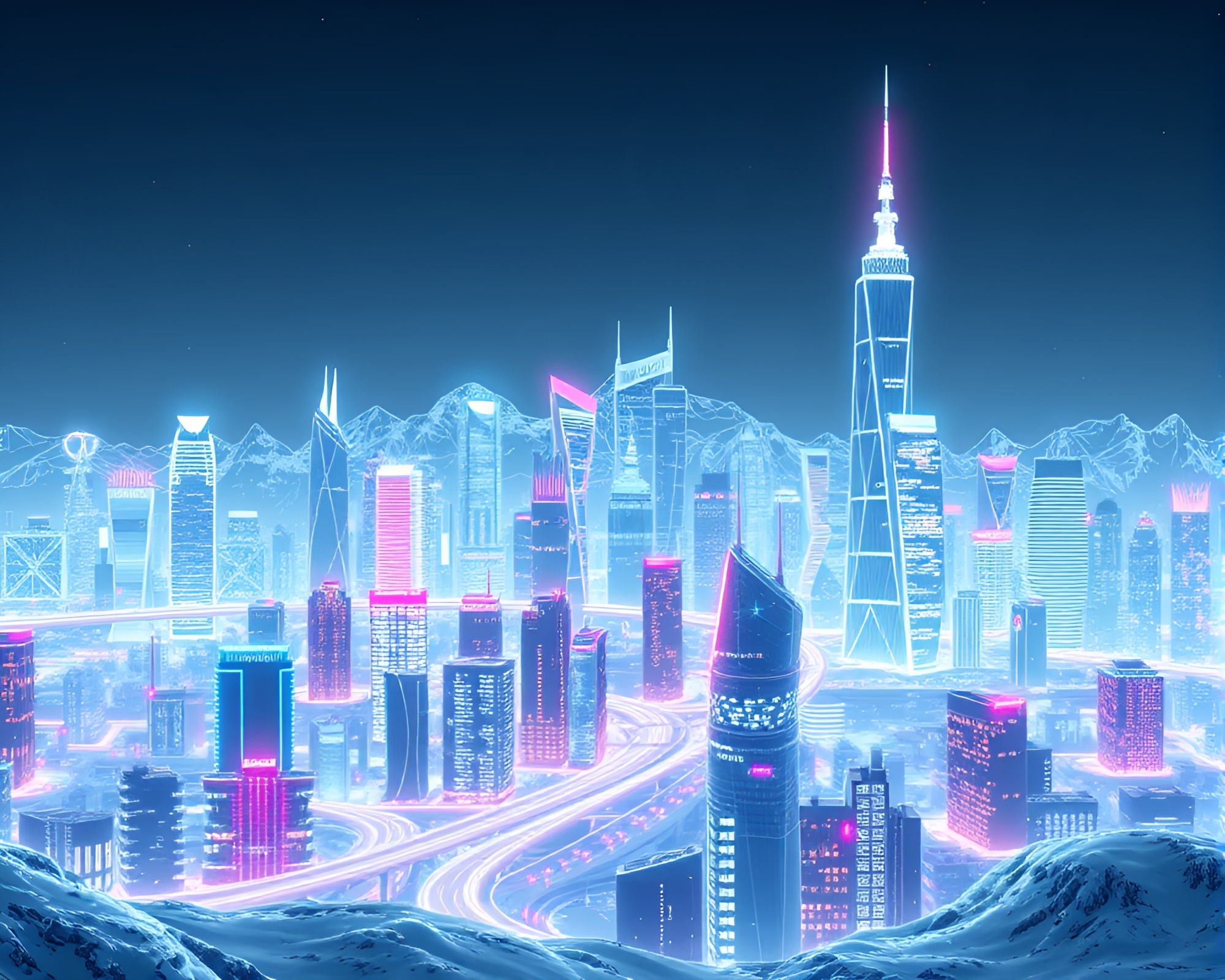 Futuristic Wireframe City in Antartic Whiteout – free AI stock image