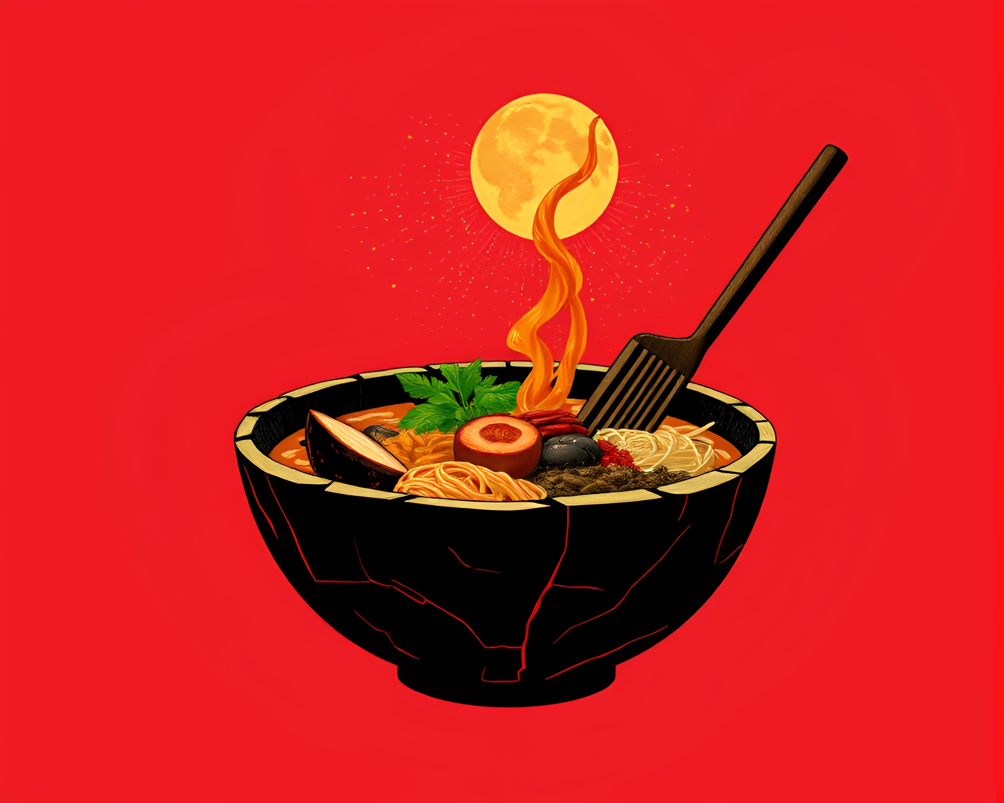 Cracked Earth Ramen: Hyper-Saturated Silhouette Illustration – free AI stock image