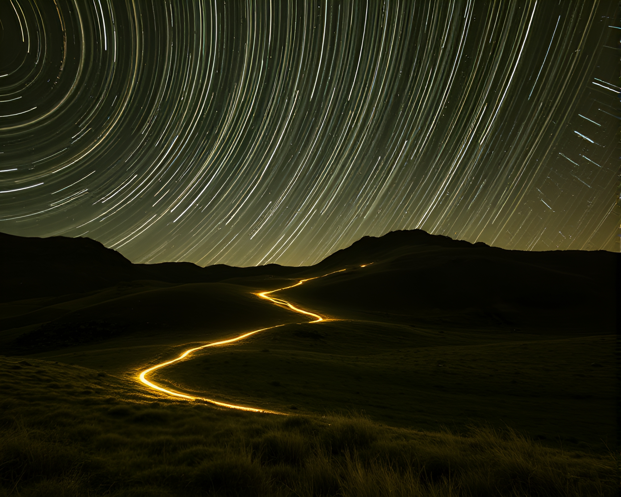 Surreal Star Trails Painting in Olive Drab – free AI stock image