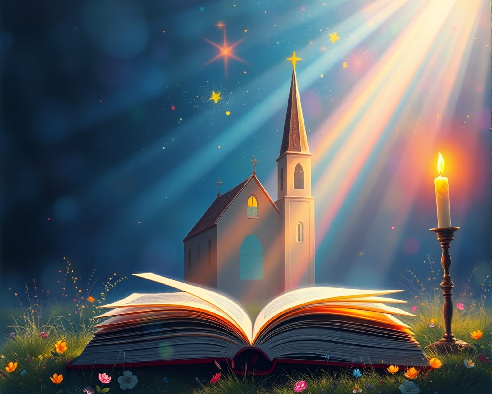 Colorful mystical book shining in candlelit church
