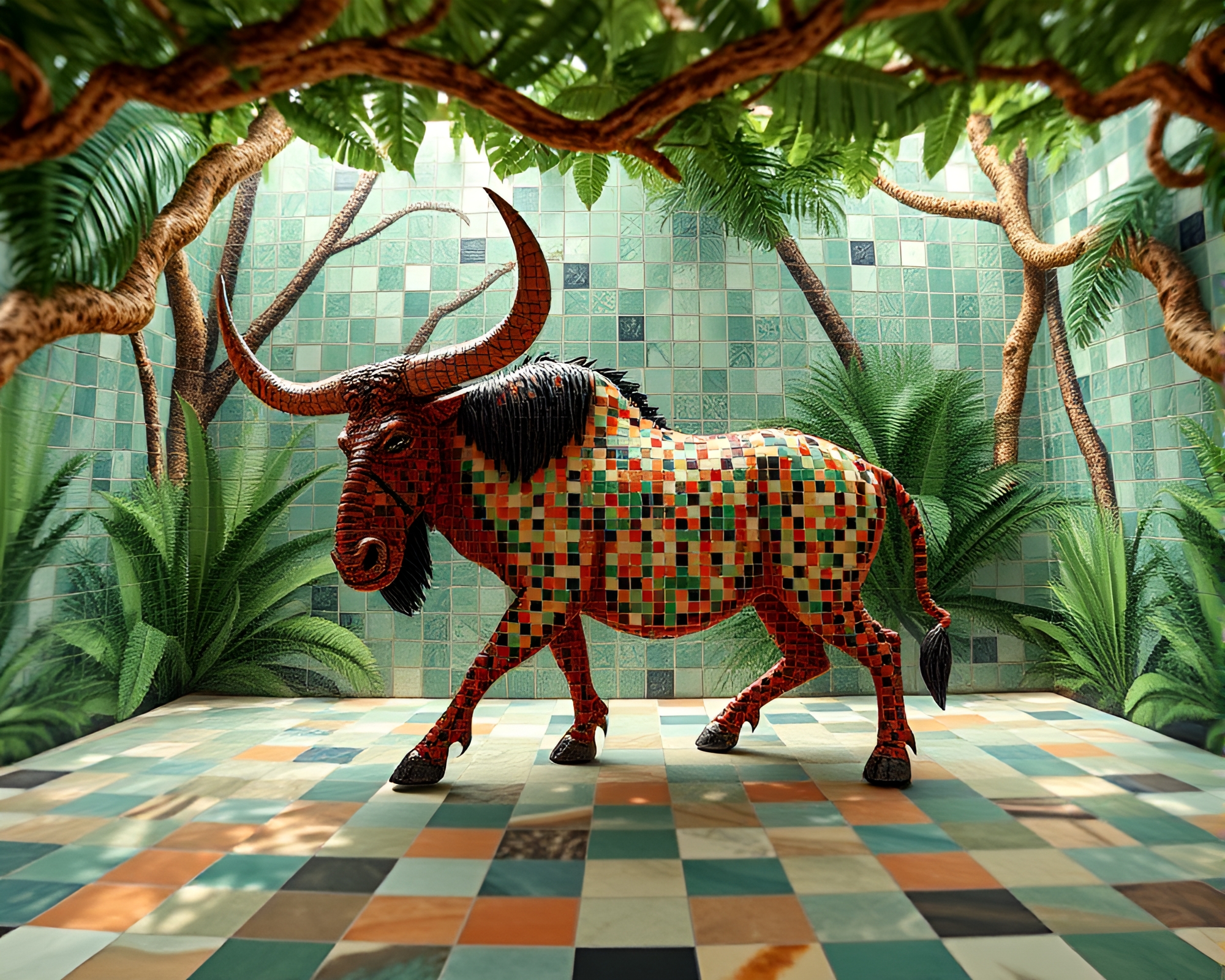 Stereoscopic 3D Minotaur Mosaic Tiling Jungle Canopy – free AI stock image