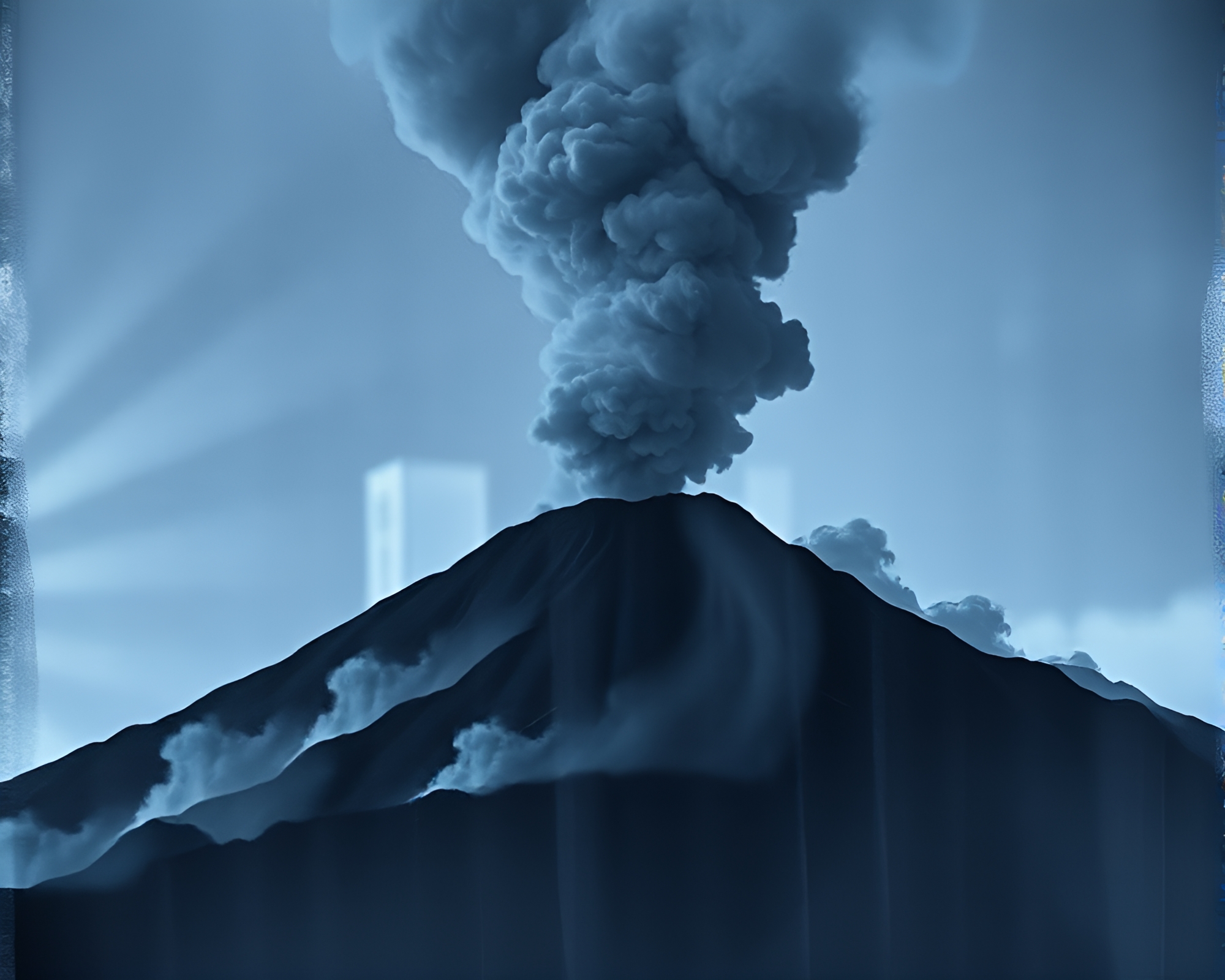 Volcanic eruption in charcoal double exposure photography – free AI stock image