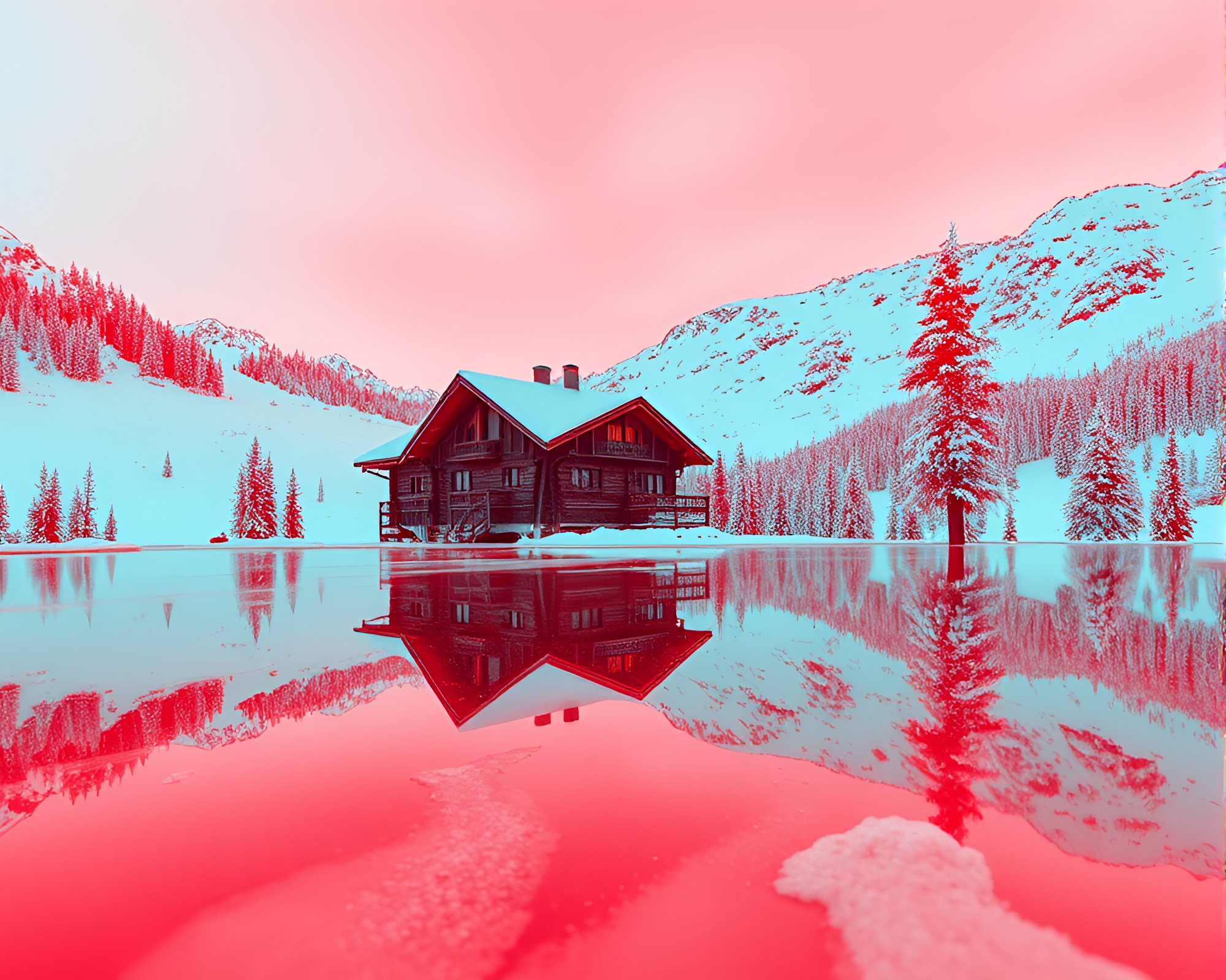 Alpine Chalet Reflection in Duotone 3D – free AI stock image