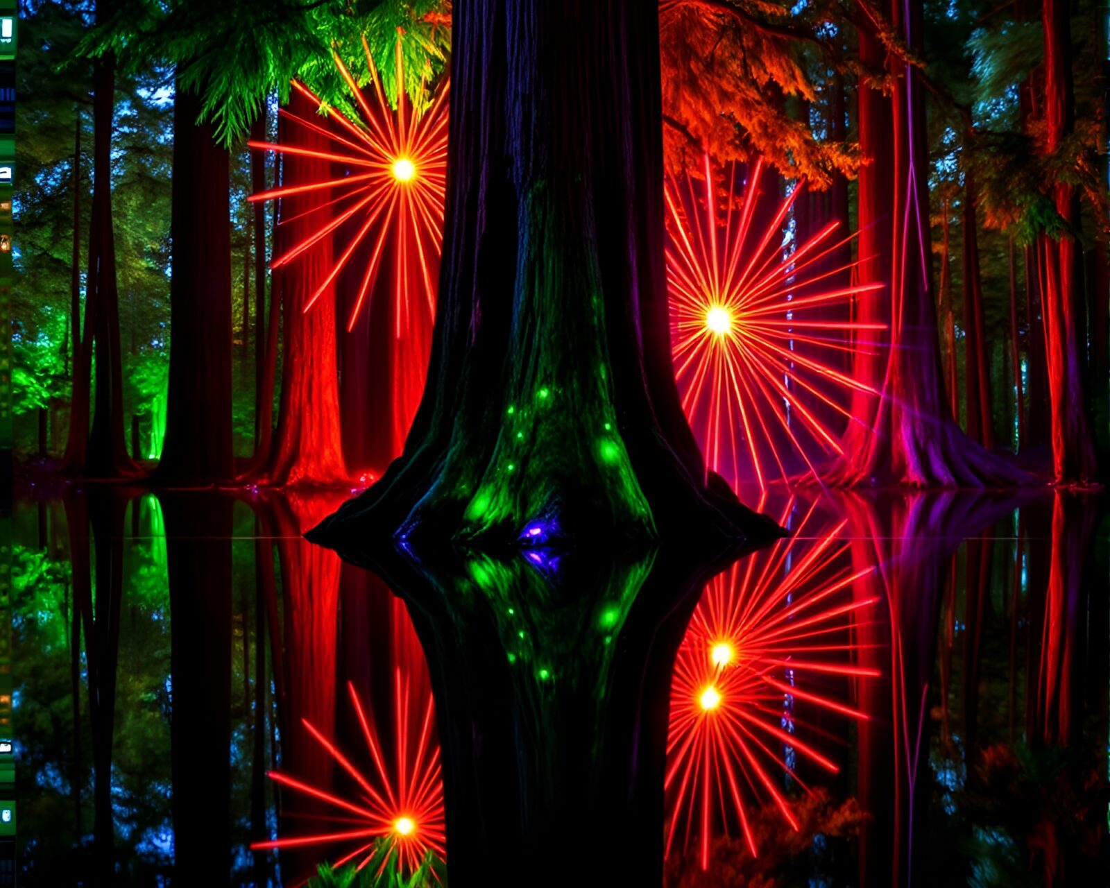 Abstract double reflection of redwood tree illuminated by LED lights