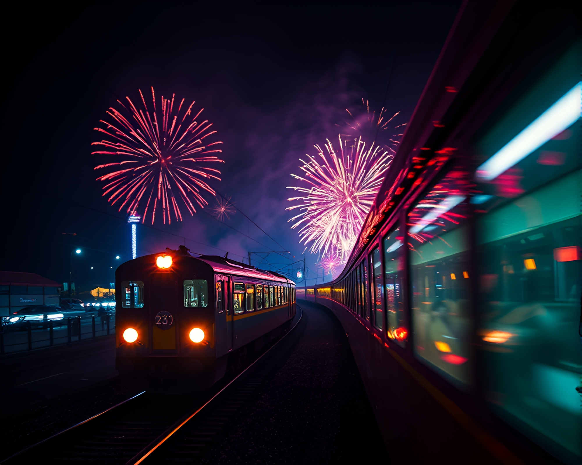 Jelly-filled Doughnut Train Light Trails Festival – free AI stock image