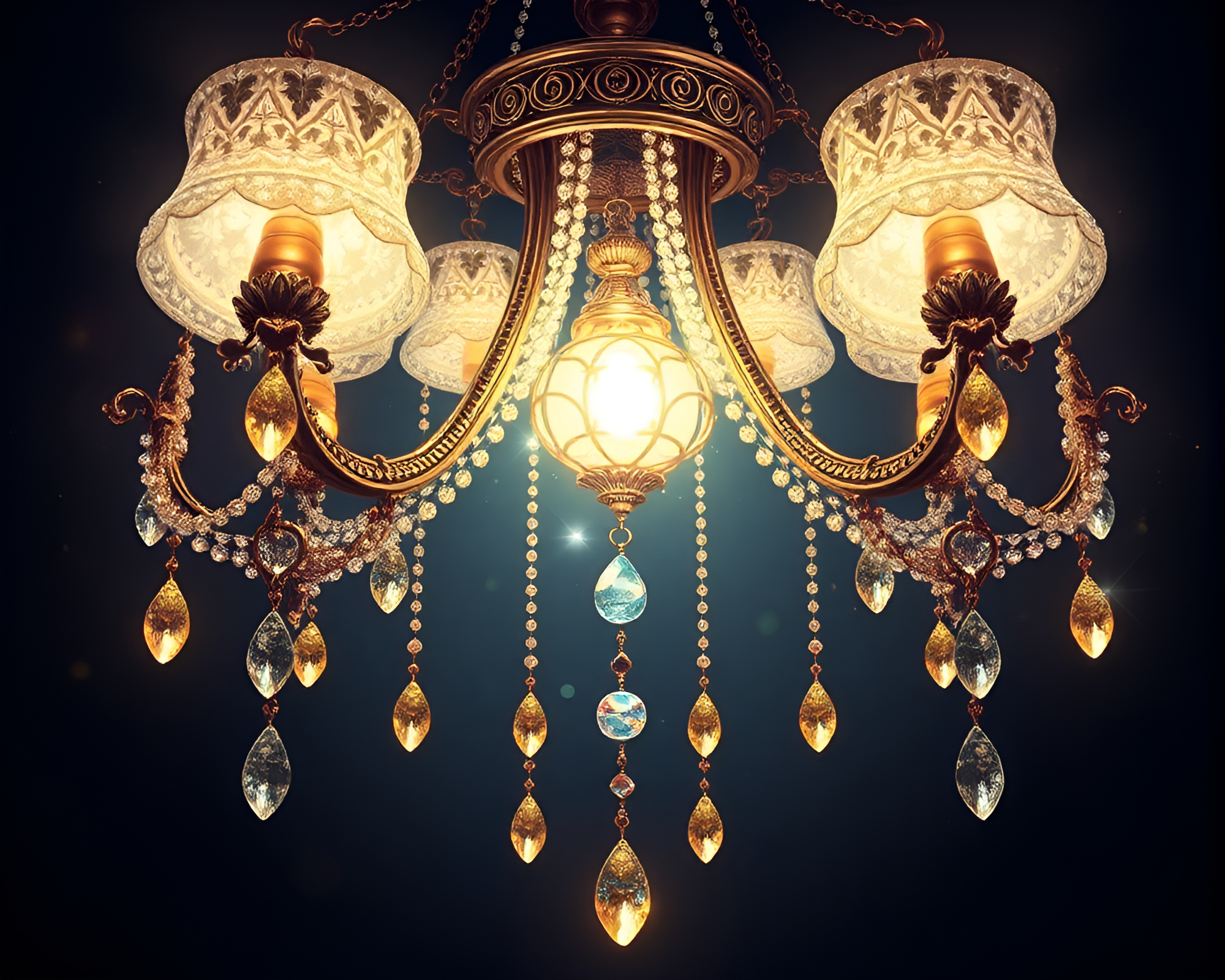 Gothic Chandelier with Beadwork Accents Illuminated by Fairy Lights – free AI stock image
