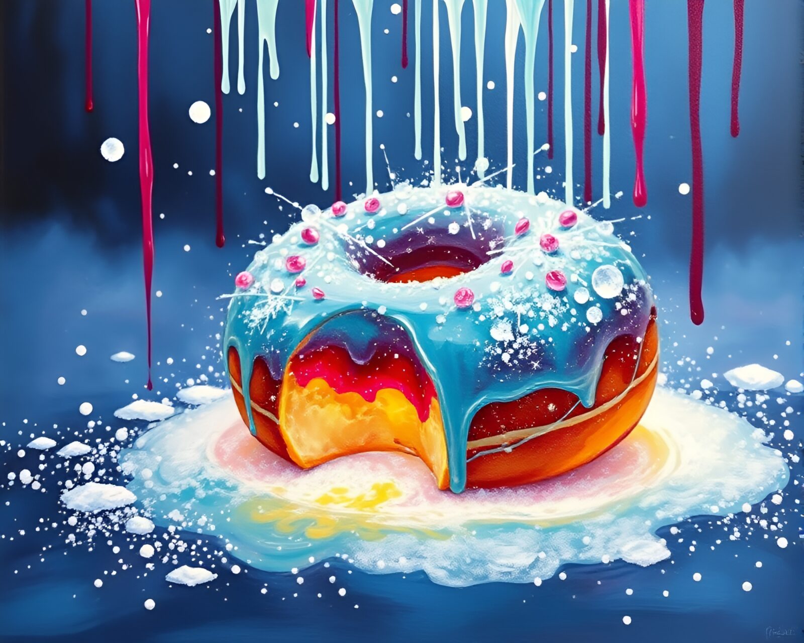 Colorful spray paint drips surround a jelly-filled doughnut in snow