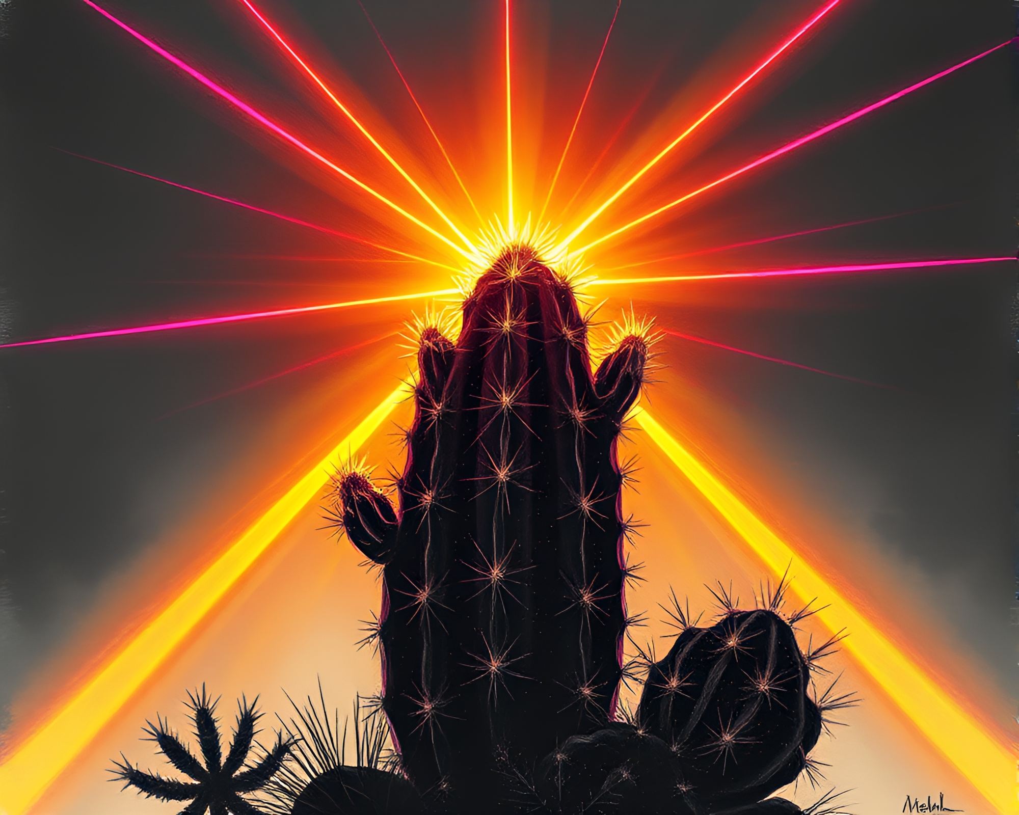 Ethereal Neon Cactus Bathed in Golden Laser Lights – free AI stock image