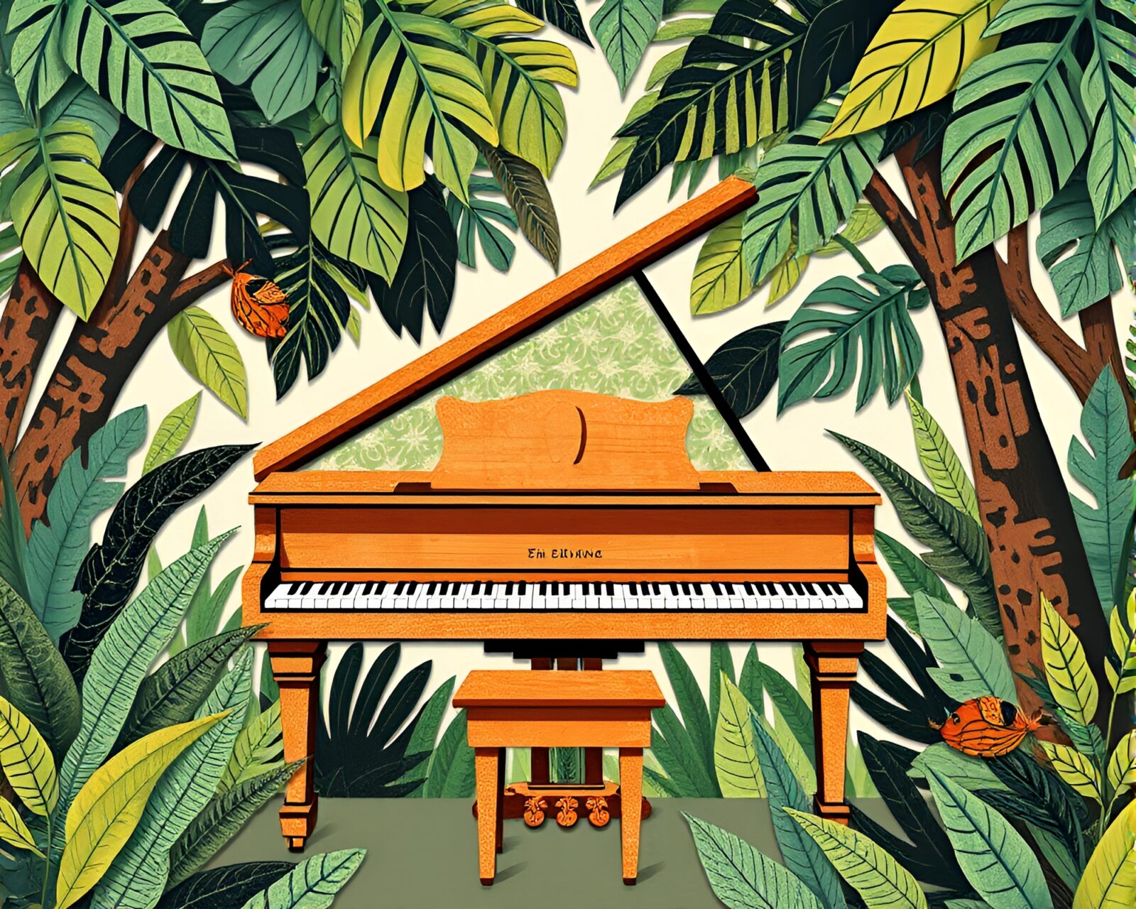 Abstract collage of piano keys under lush jungle canopy.