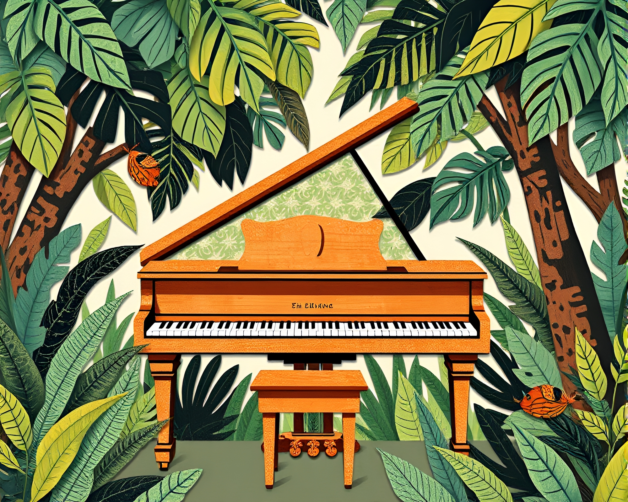 Piano Collage in Jungle Canopy Shade – Line Art – free AI stock image