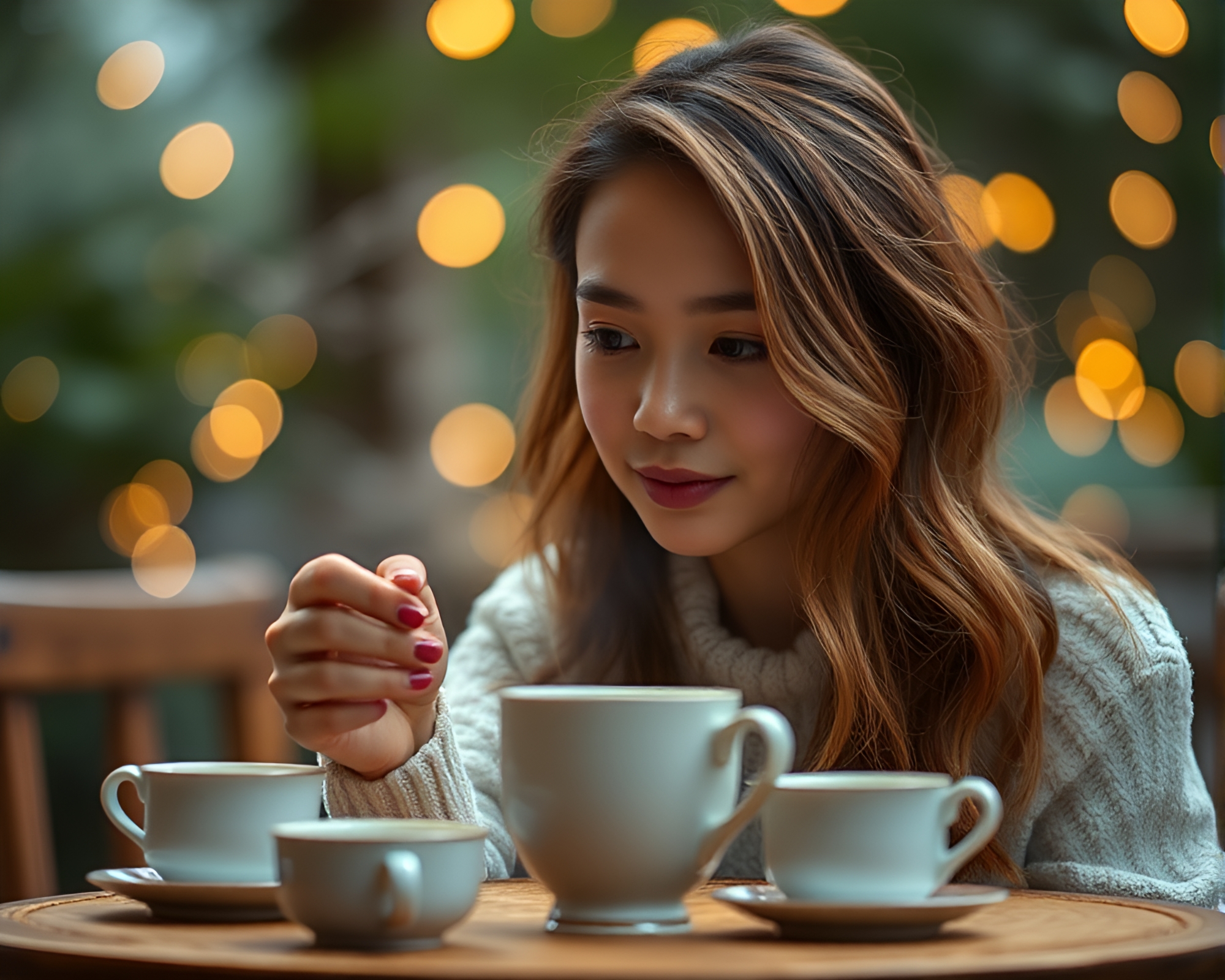 Enchanting Tea Set Portrait with Bokeh Lights – free AI stock image