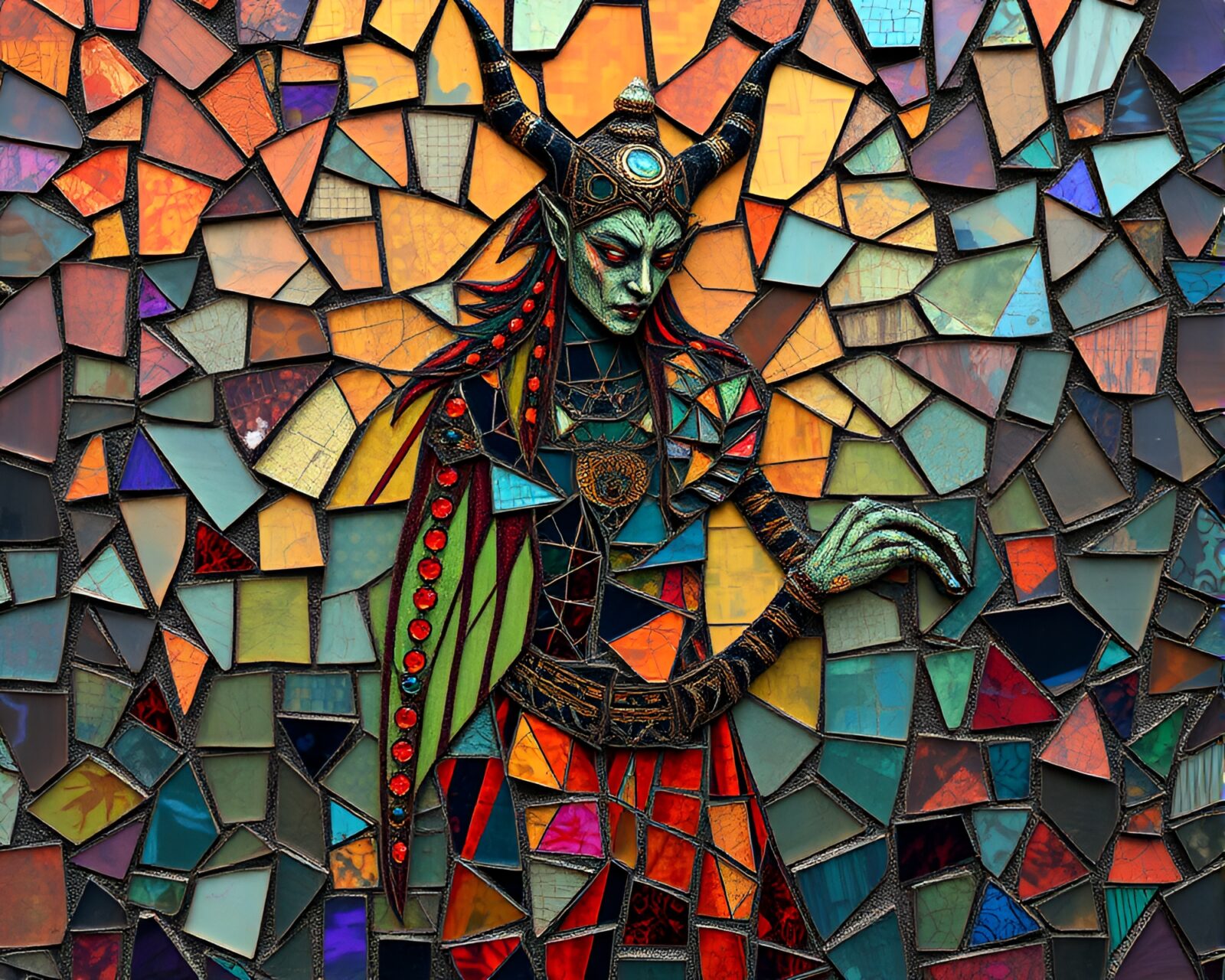 Surreal color-shifting Djinn image in fractured mosaic setting