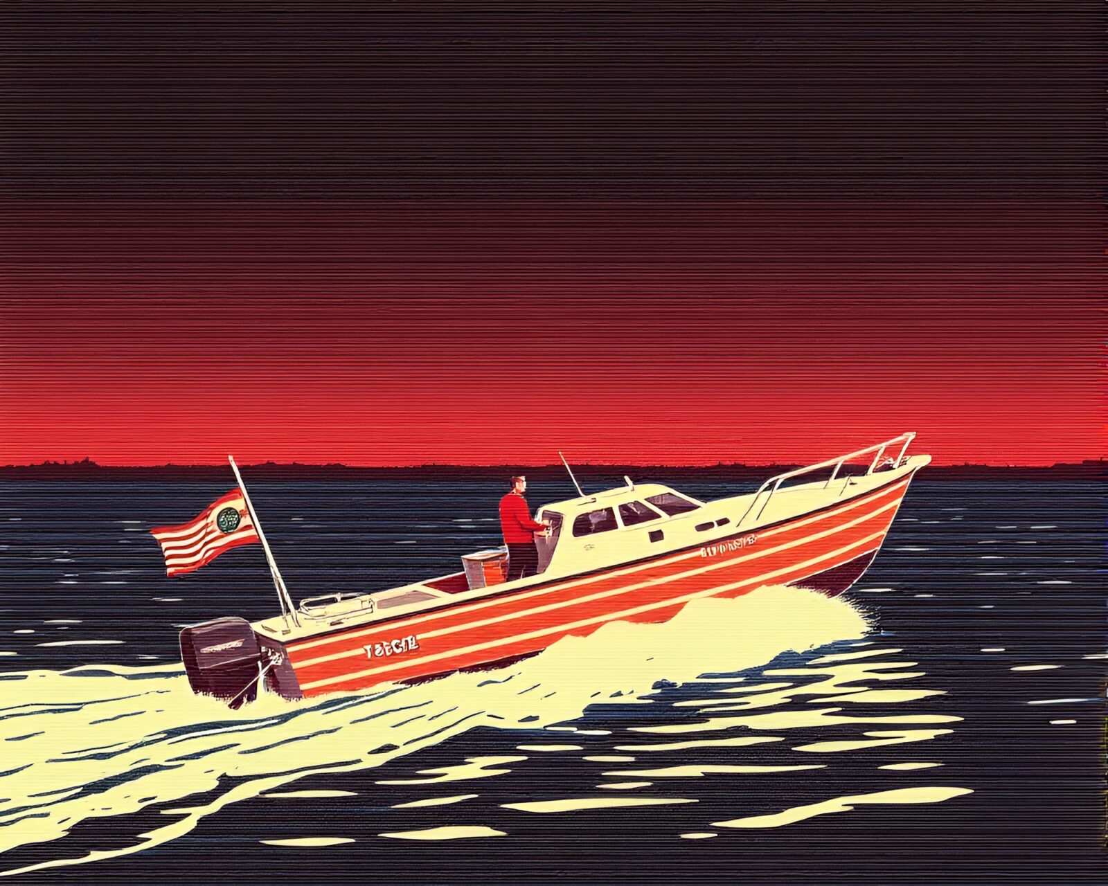 Colorful hydrofoil boat with scanline effects on a grid