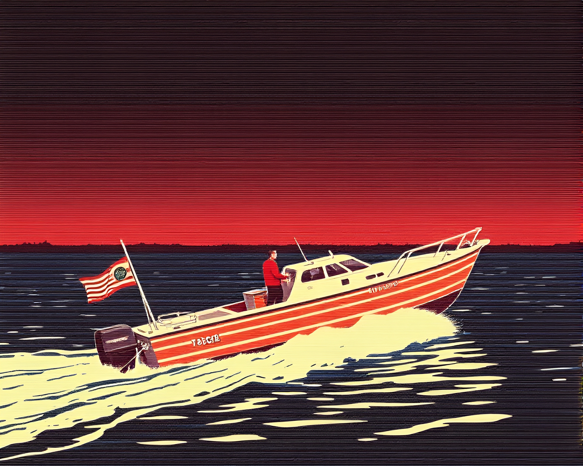 Retro Hydrofoil Boat Racing Through Halftone Grid – free AI stock image