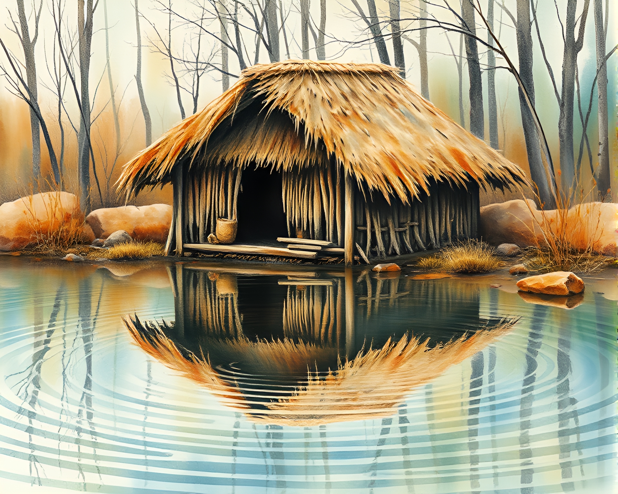 Serene Watercolor Mud Hut with Neural Style – free AI stock image