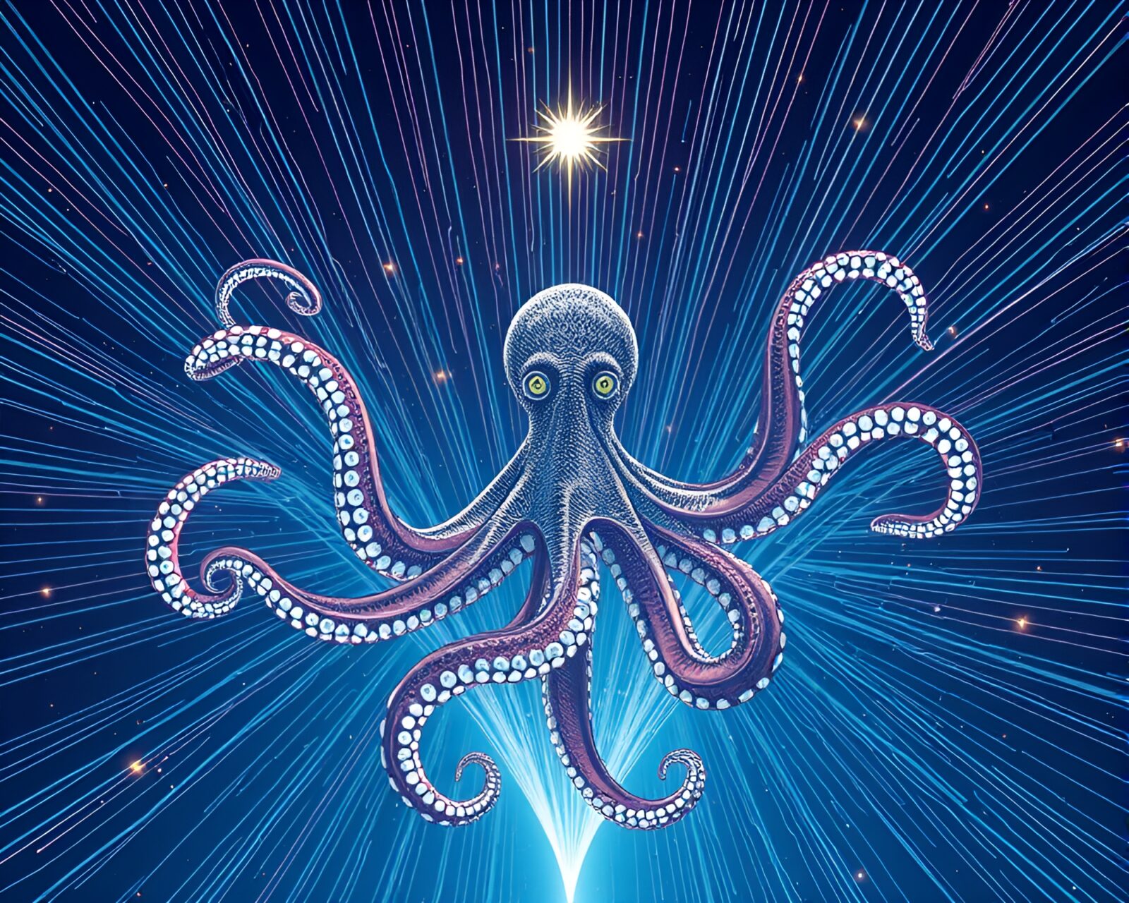 Colorful octopus surrounded by glowing technical light trails