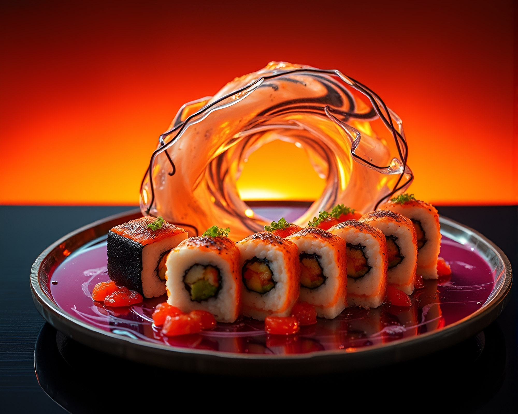 Sushi Galaxy: Vortex Twist Sunset Platter – free AI stock image