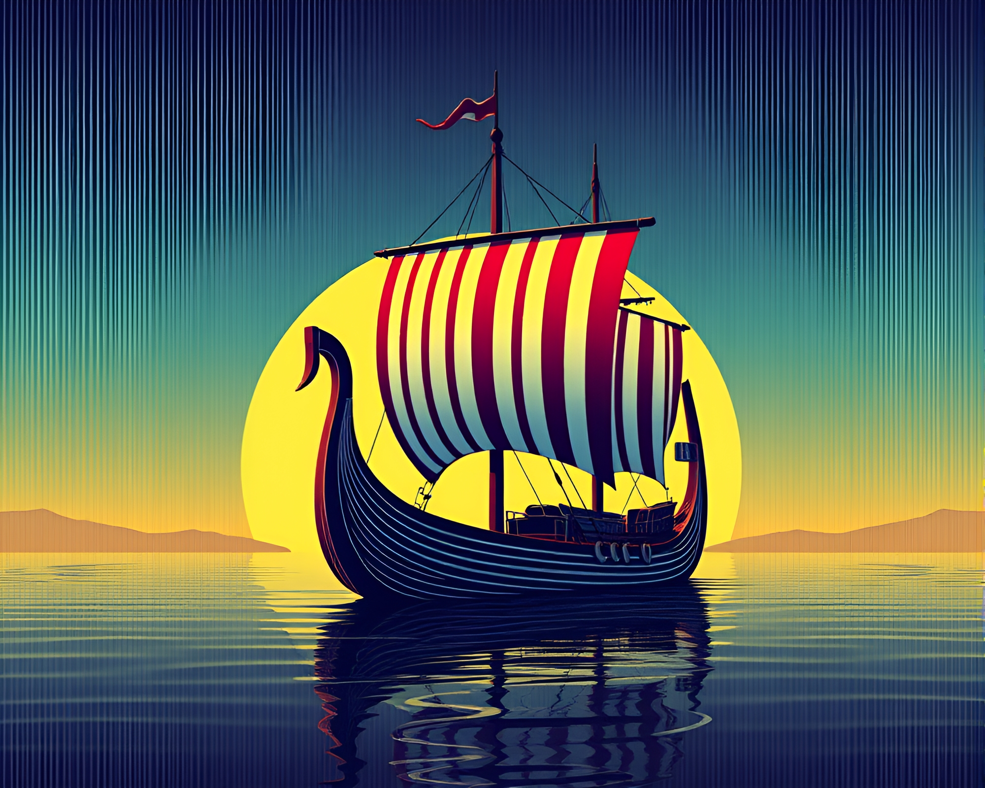 Viking Longship Sailing Through Barcode Stripe Ocean – free AI stock image