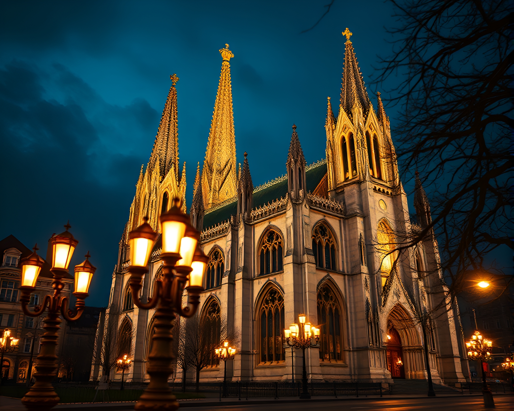 Gothic Cathedral Macro Details in Candlelit City Night – free AI stock image