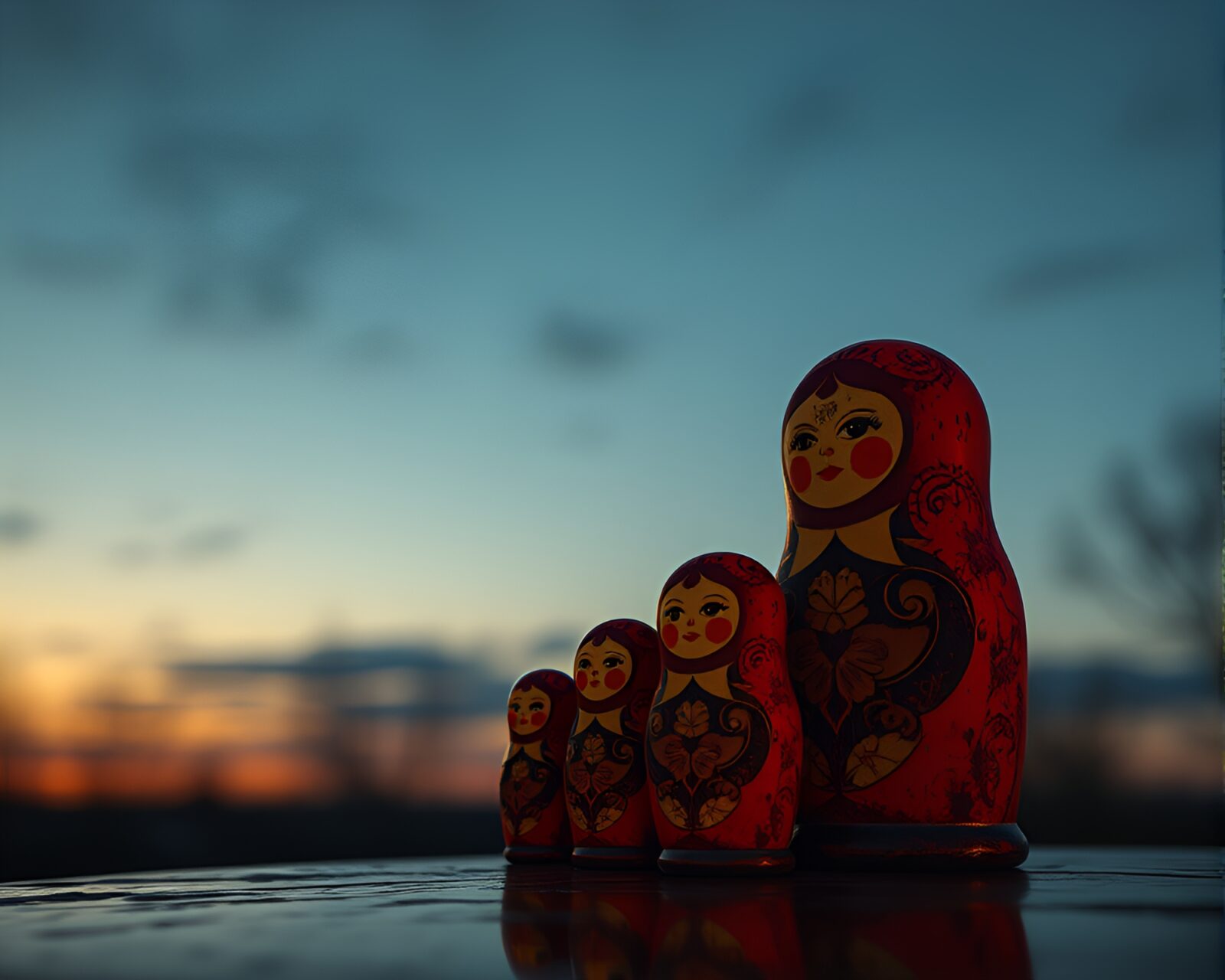 CGI render of a Matryoshka doll at dusk with rust stains