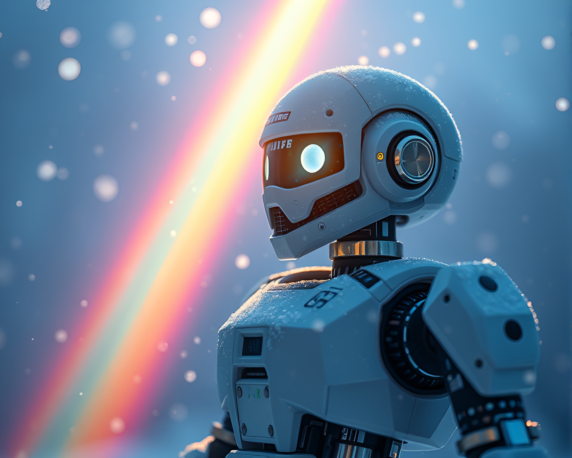 Robot in Rainbow Refraction Snowscape – free AI stock image