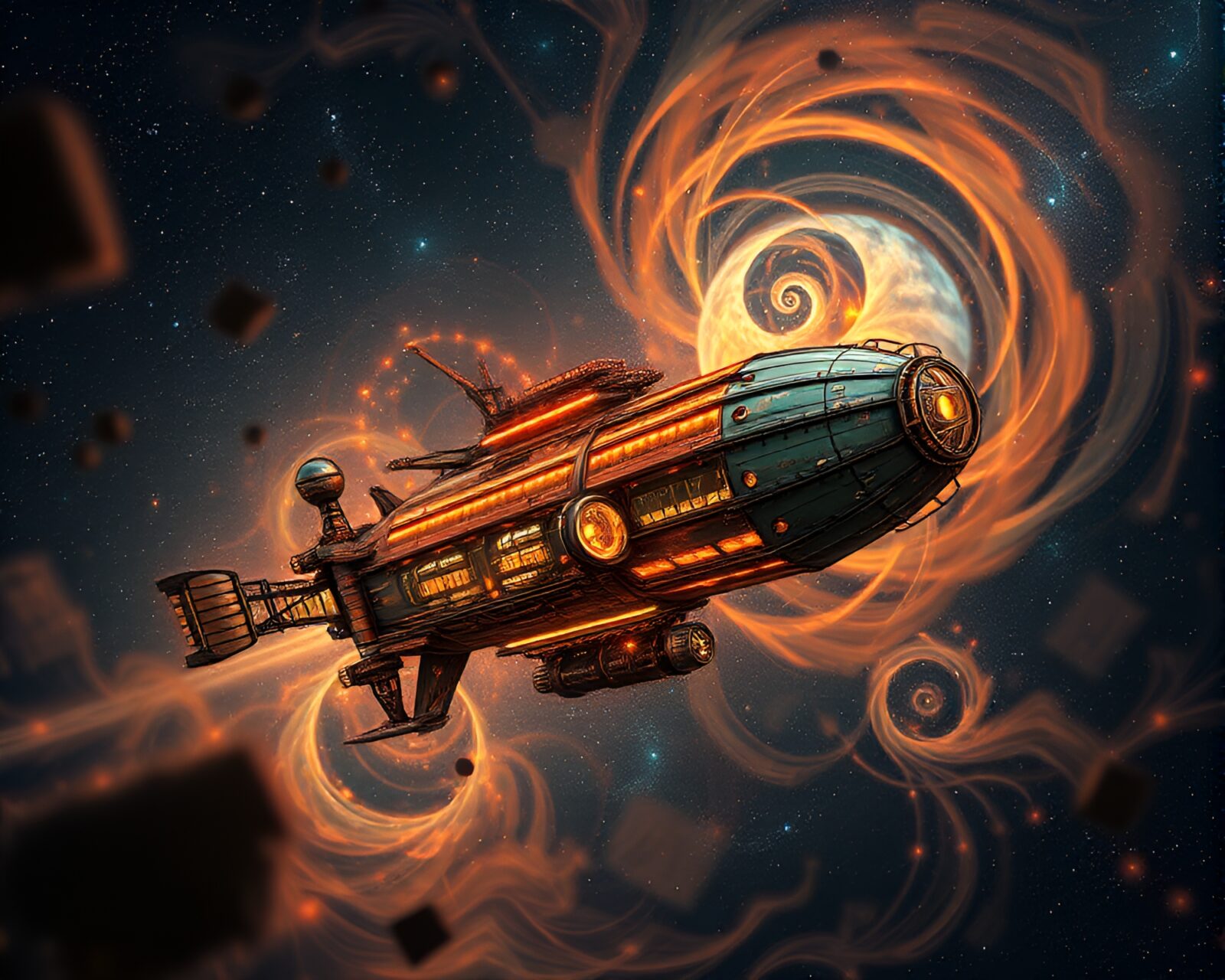Macro photography of a intricate steampunk airship in cosmic swirl