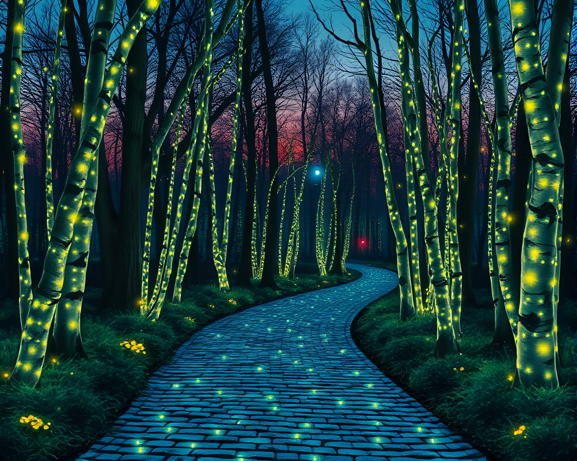 Bioluminescent Forest Path Collage at Dawn – free AI stock image