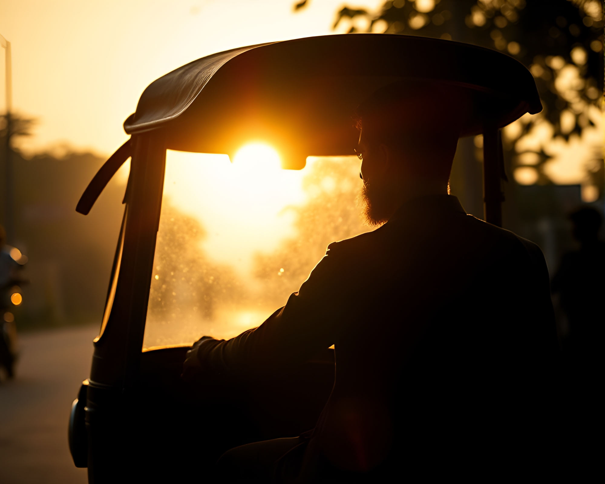 Backlit Silhouette: Rickshaw Ride in Photorealistic Style – free AI stock image