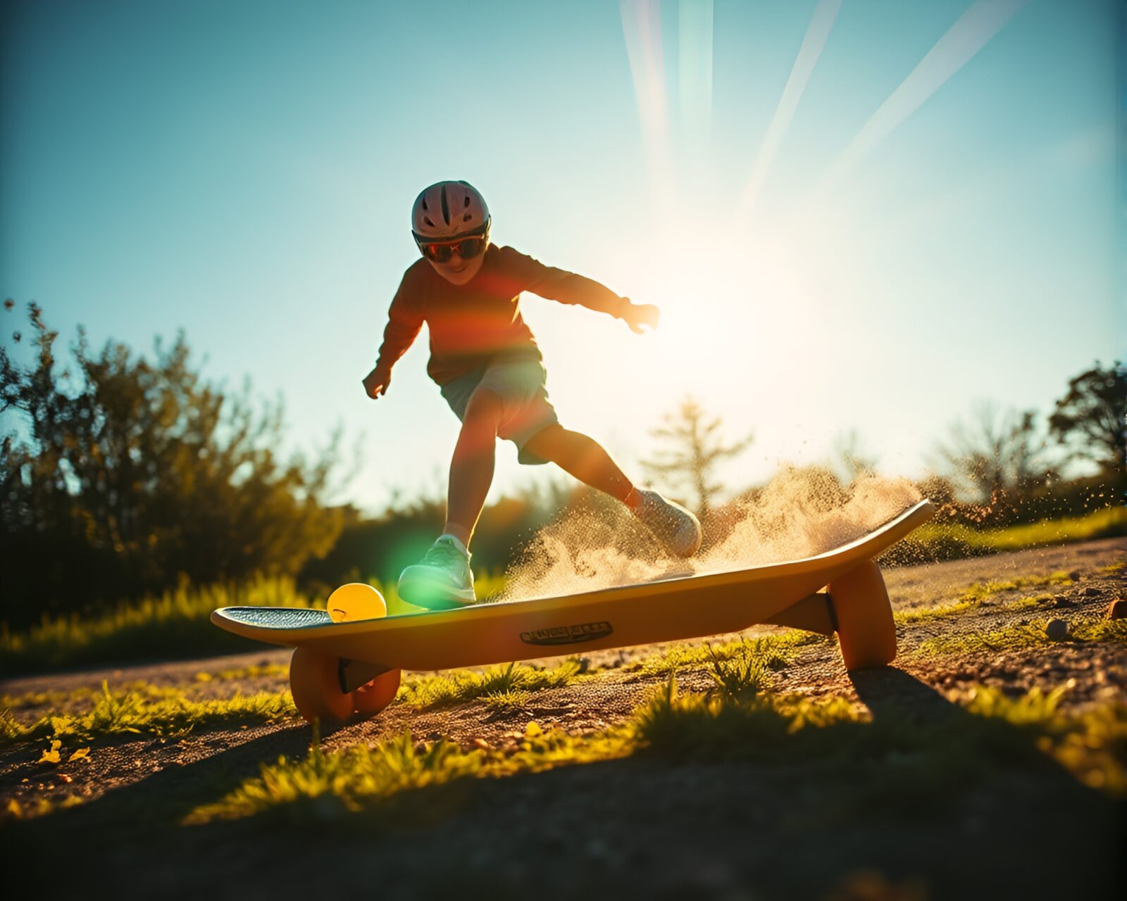 Sleek hoverboard glowing in bright yellow lens flare light