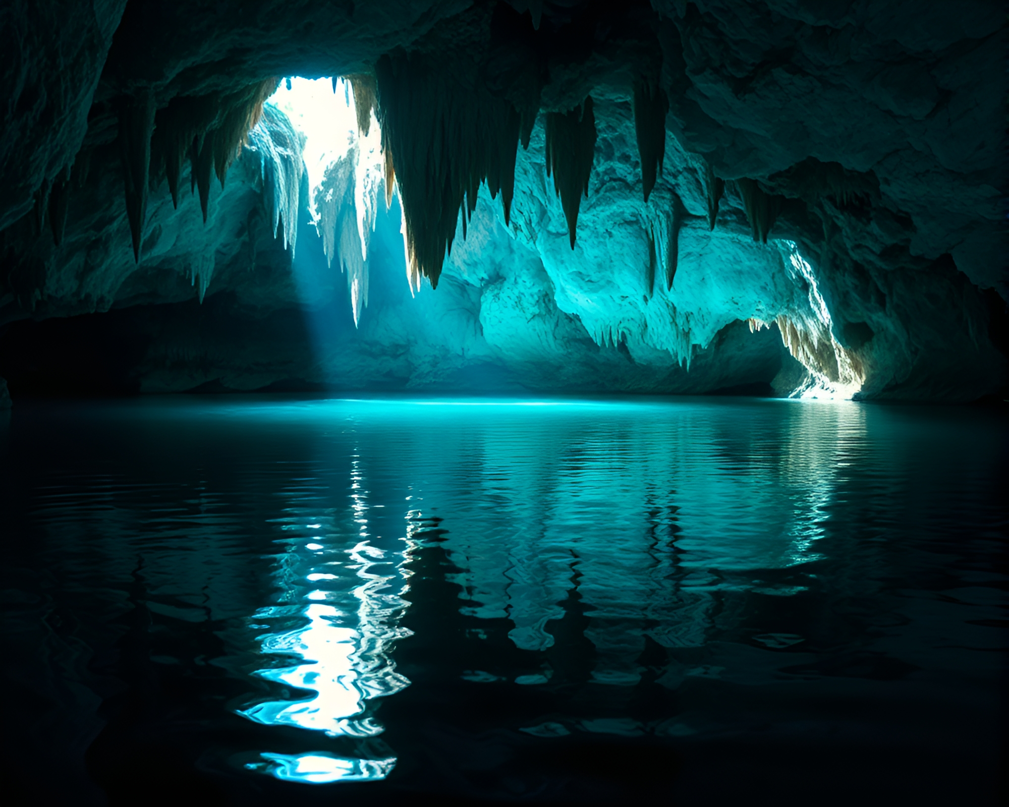 Turquoise Cave Reflections with Stalactites Spotlight – free AI stock image