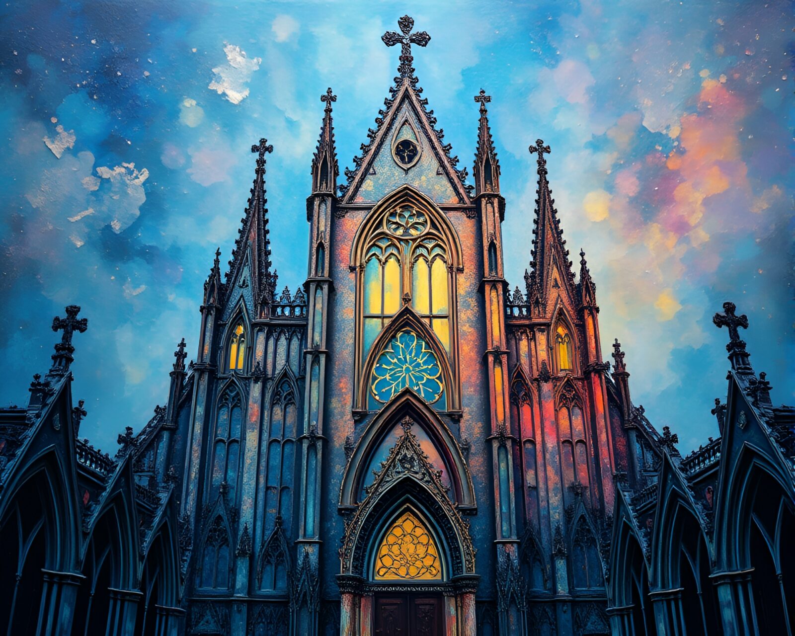 Encaustic painting of a cathedral with silver leaf accents
