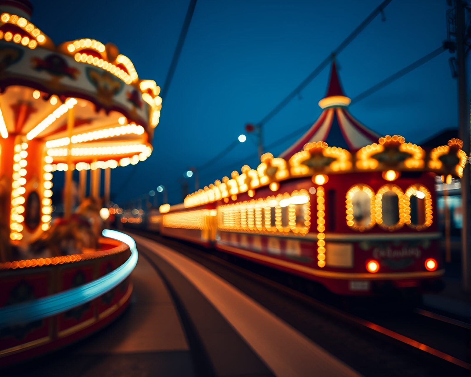 Colorful carnival carousel with train light trails at night