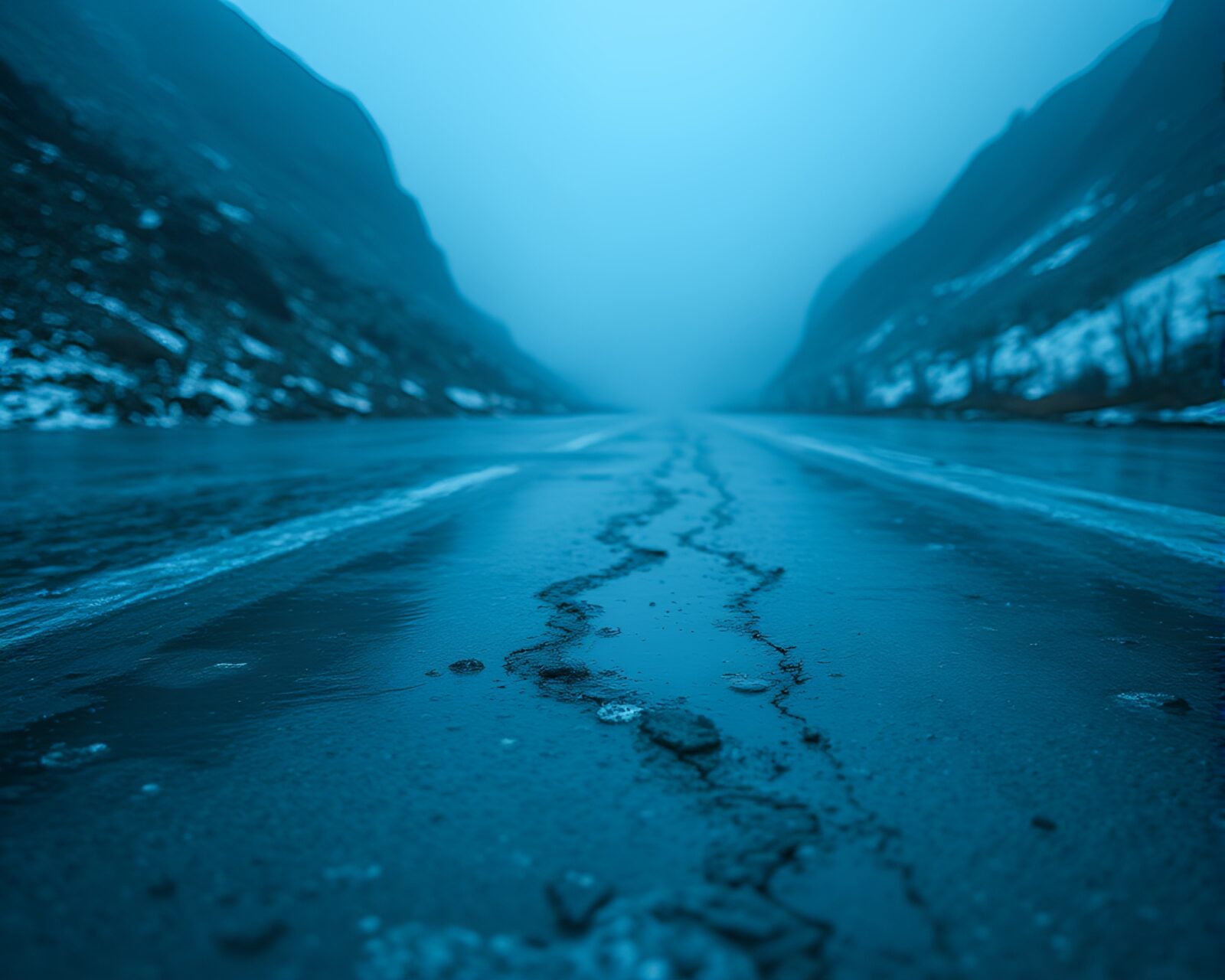 A serene valley with icy-blue hues reflecting on wet pavement