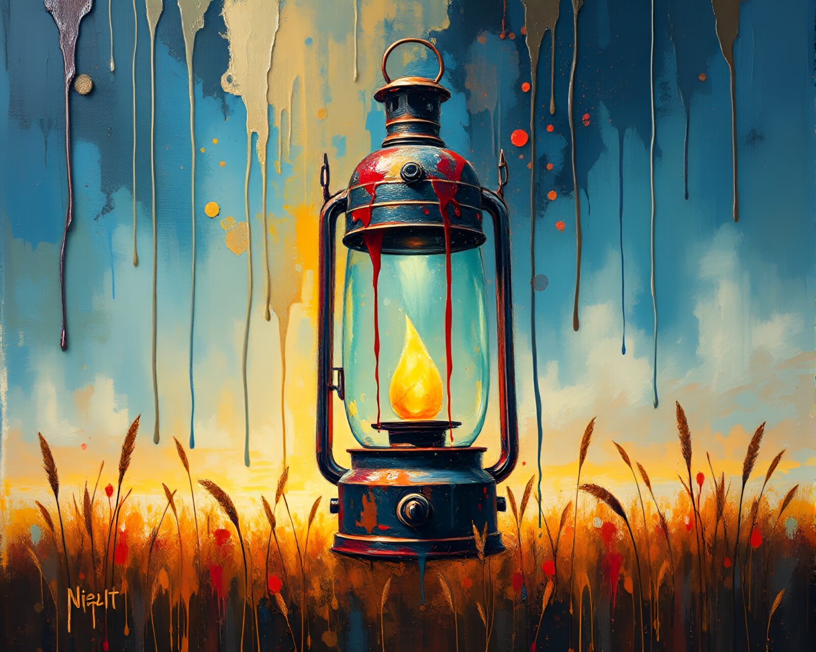 Colorful oil paint drips illuminated by warm lantern glow