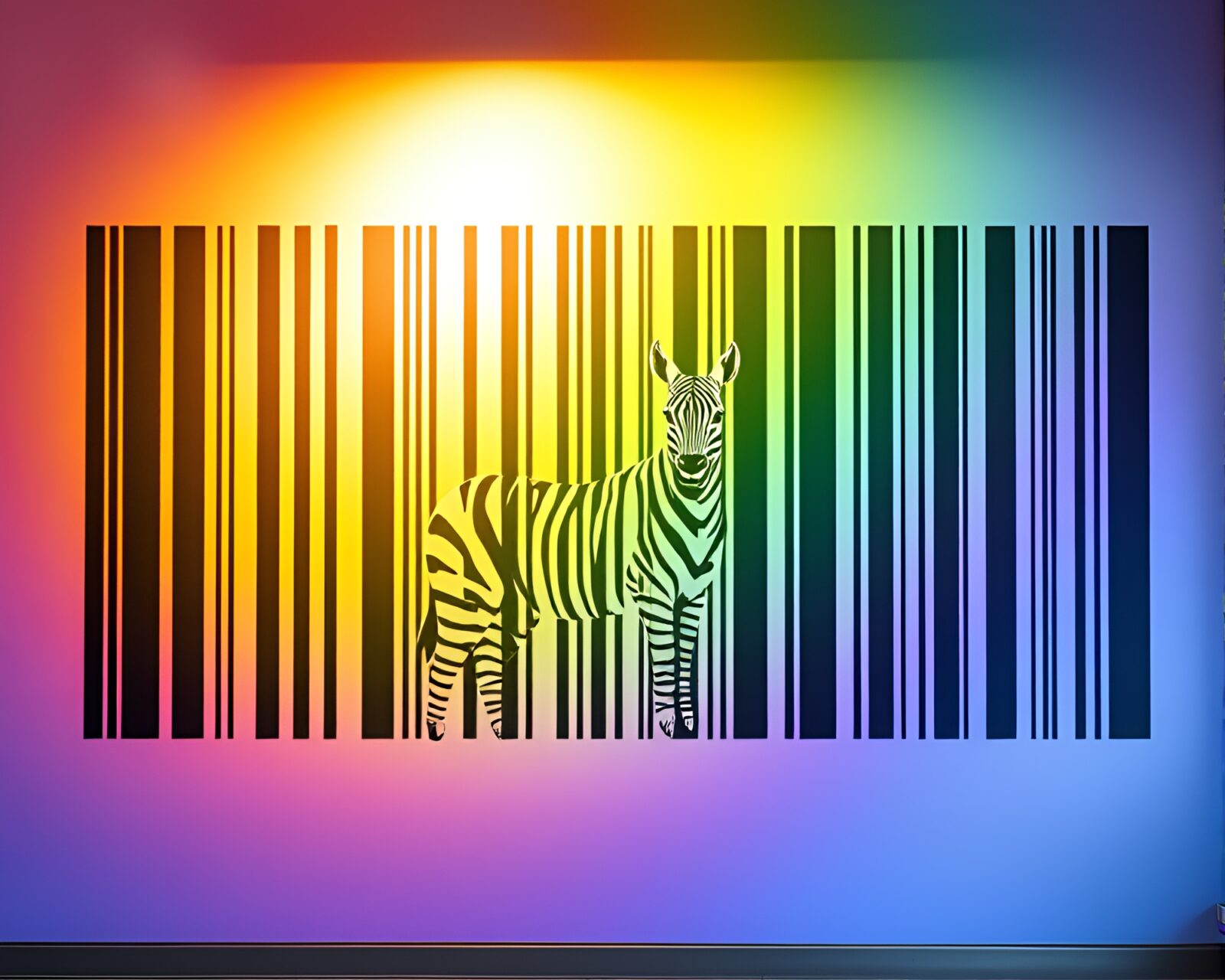 Mural painting of a mythical creature in barcode stripes