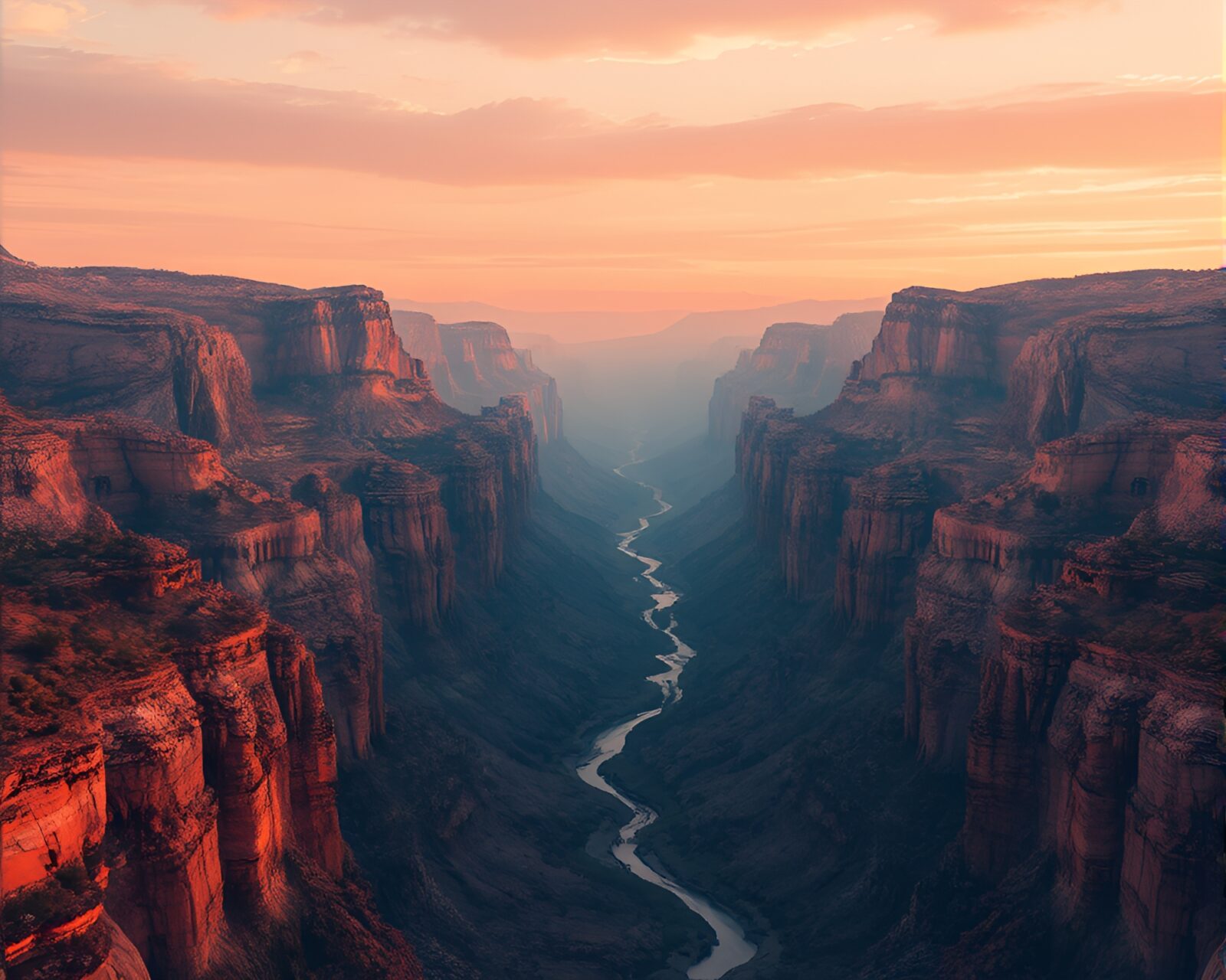 Reflective canyon with HUD overlay in rust tones