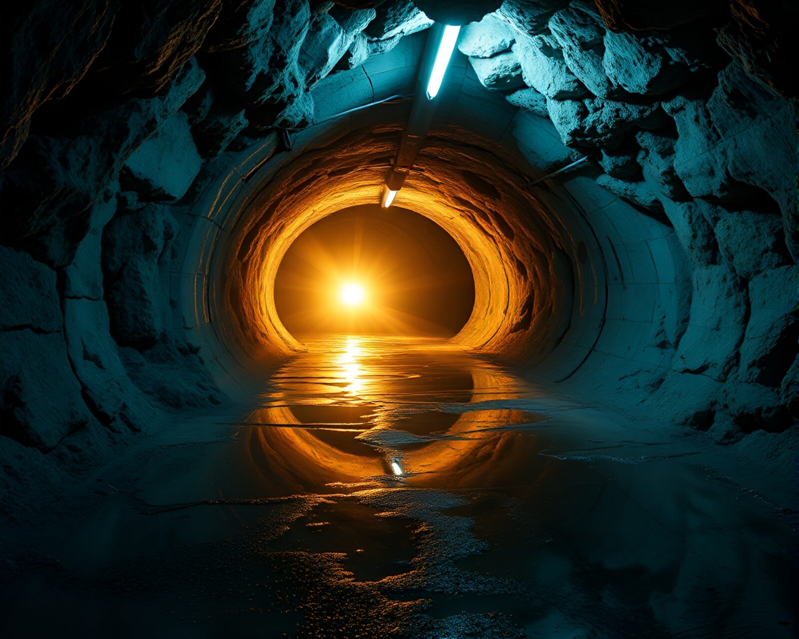 Glowing particles create mesmerizing reflections in underground chamber